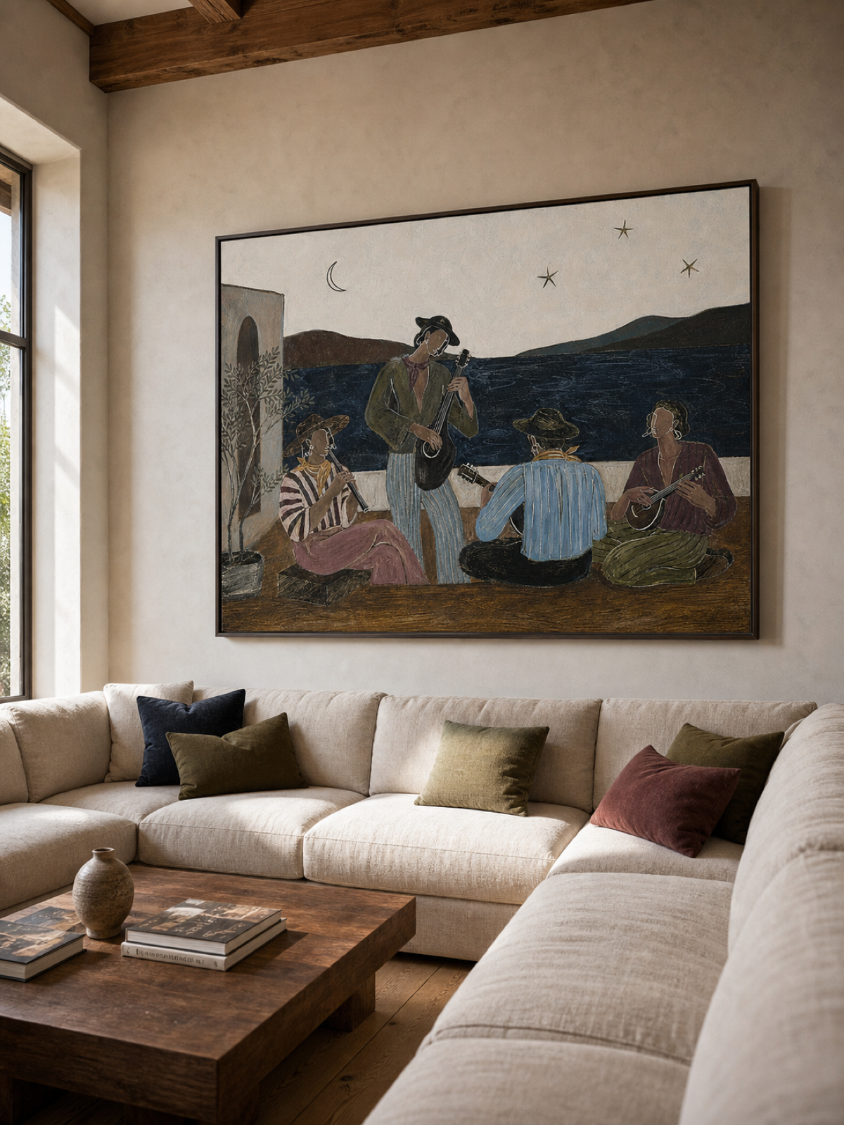 Original Hand Painted Mediterranean Folk Music Painting Vintage Figurative Wall Art