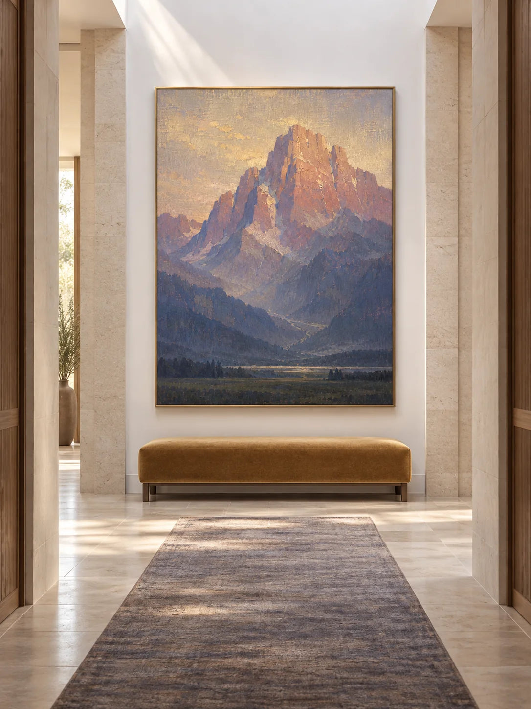 Majestic Mountain Landscape Painting Alpine Valley Nature Wall Art Sunlit Peaks Scenic Canvas Decor