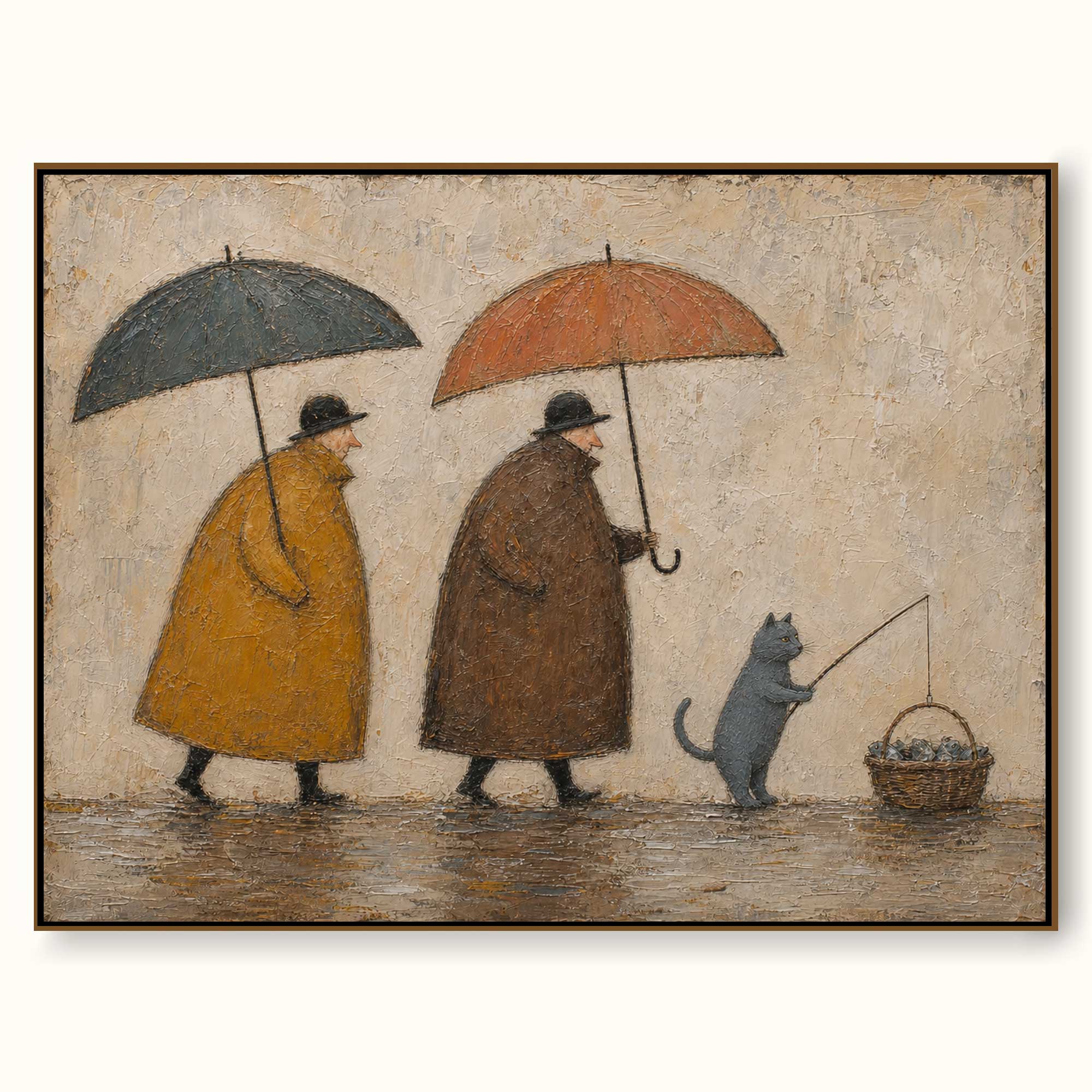 Whimsical Cat Fishing Canvas Art Umbrella Walk Vintage Rainy Oil Painting