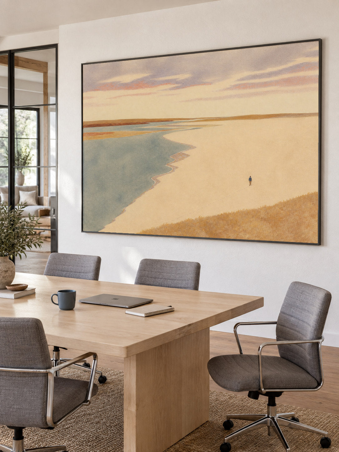 Warm Gold Estuary Landscape Canvas Art With Lone Walker For Bedroom Decor