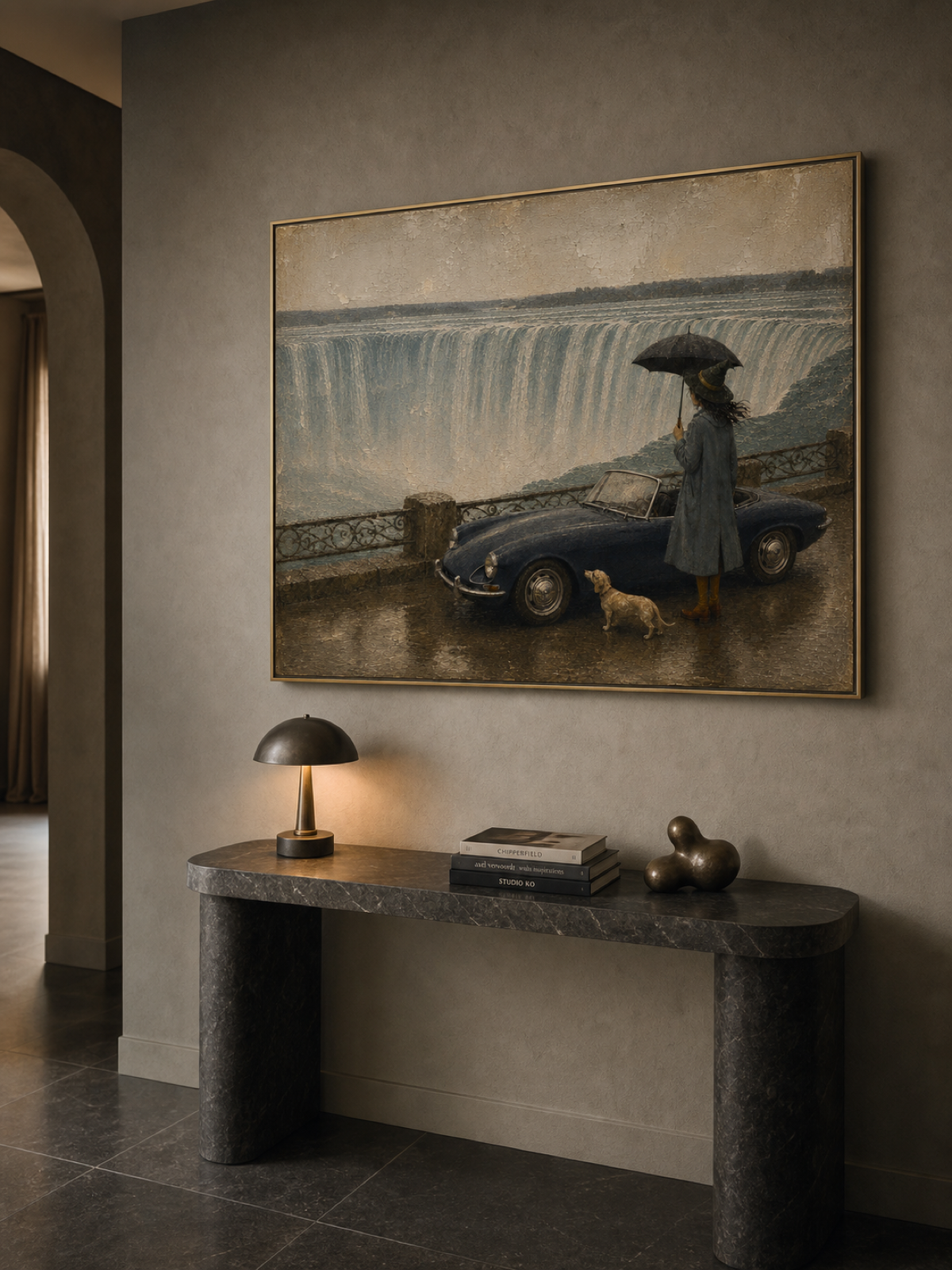 Surreal Landscape Oil Painting Featuring Retro Convertible And Waterfall View