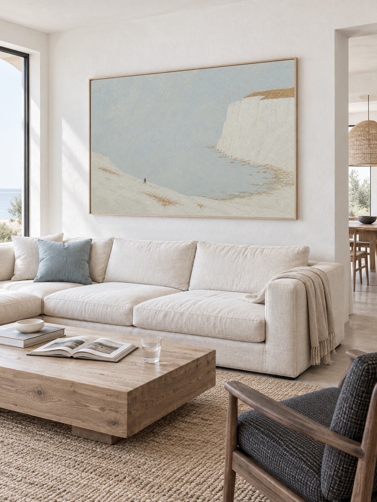 Minimalist Cliff Landscape Original Oil Painting In White And Blue