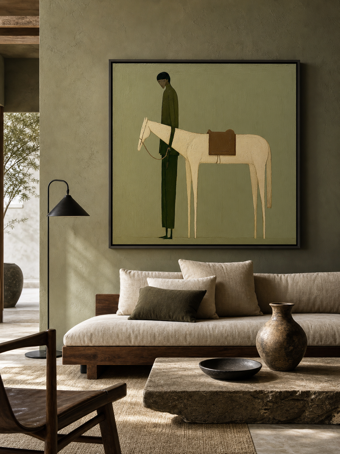 Vintage Green Horse Painting Original Oil On Linen For Modern Home Decor