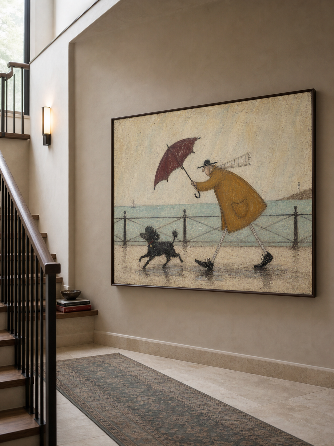 Whimsical Seaside Walk Painting With Dog For Coastal Home Decor