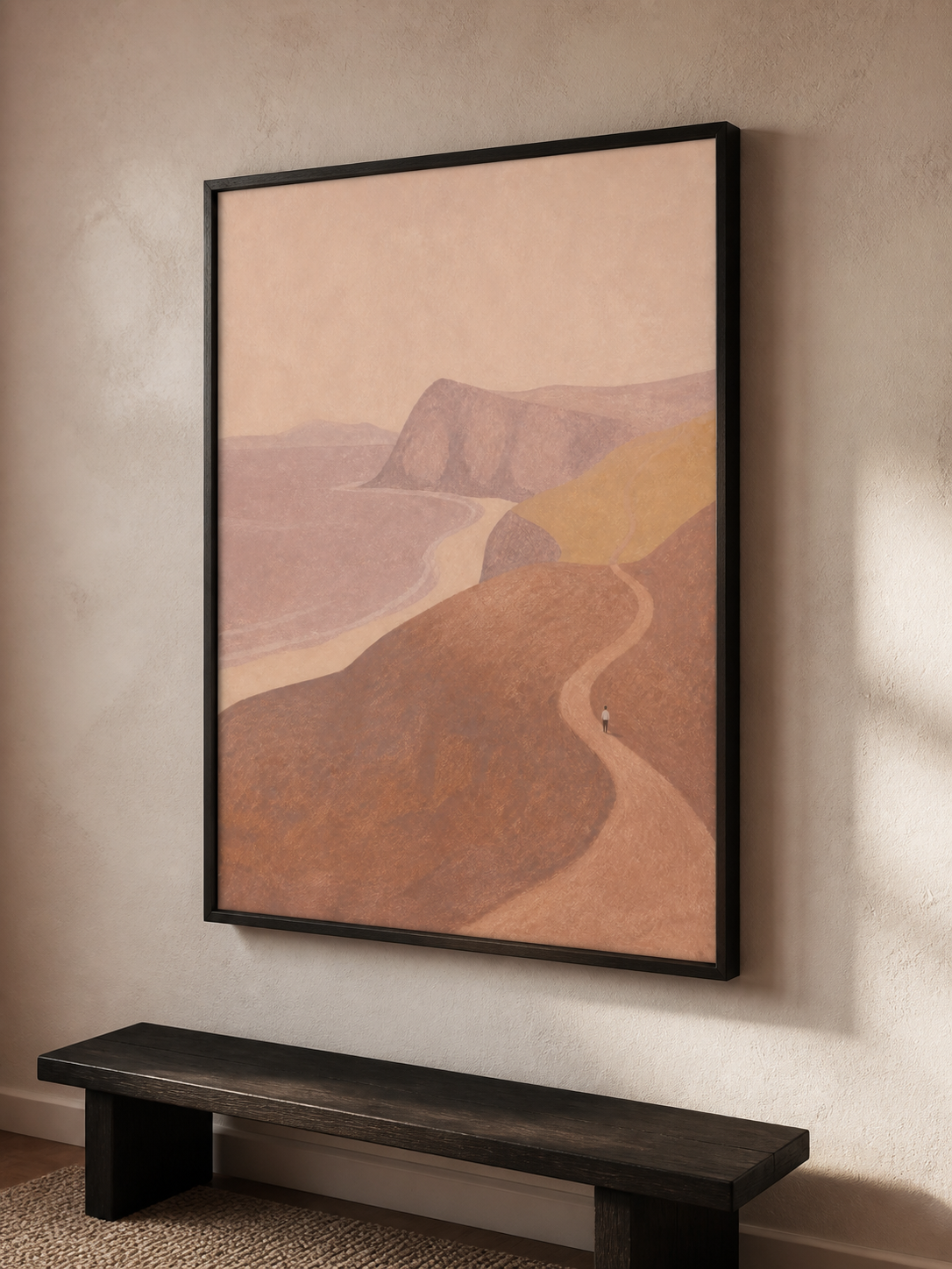 Minimalist Figure On Winding Path Hand-Painted Canvas Art In Earth Tones