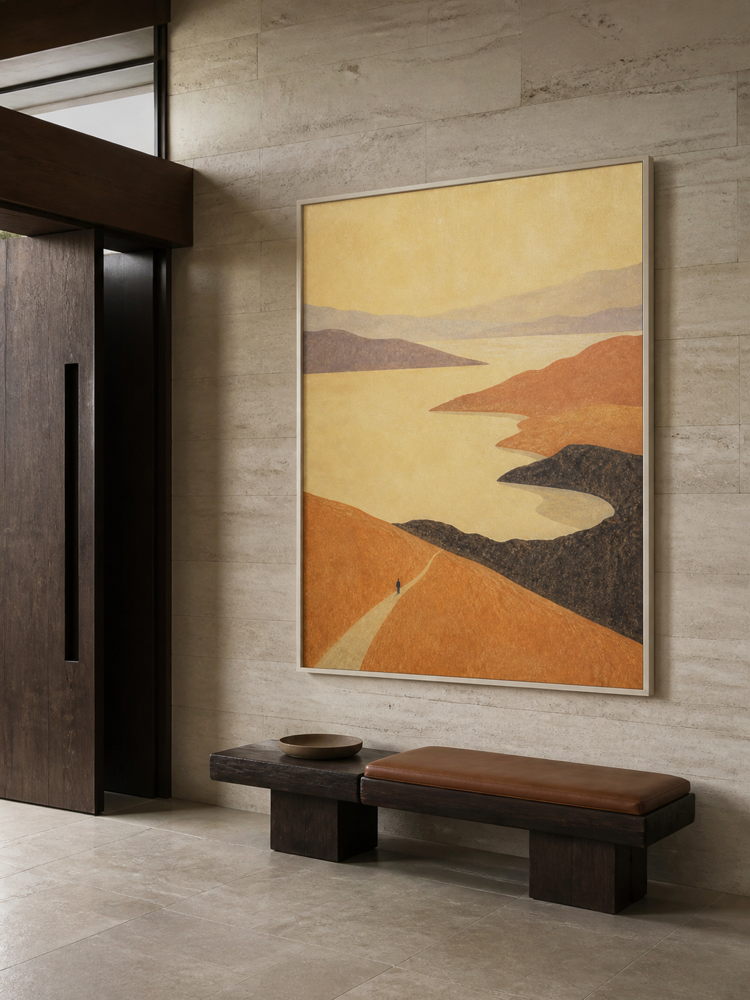 Abstract Lake Landscape Canvas Painting With Solitary Figure In Beige And Brown