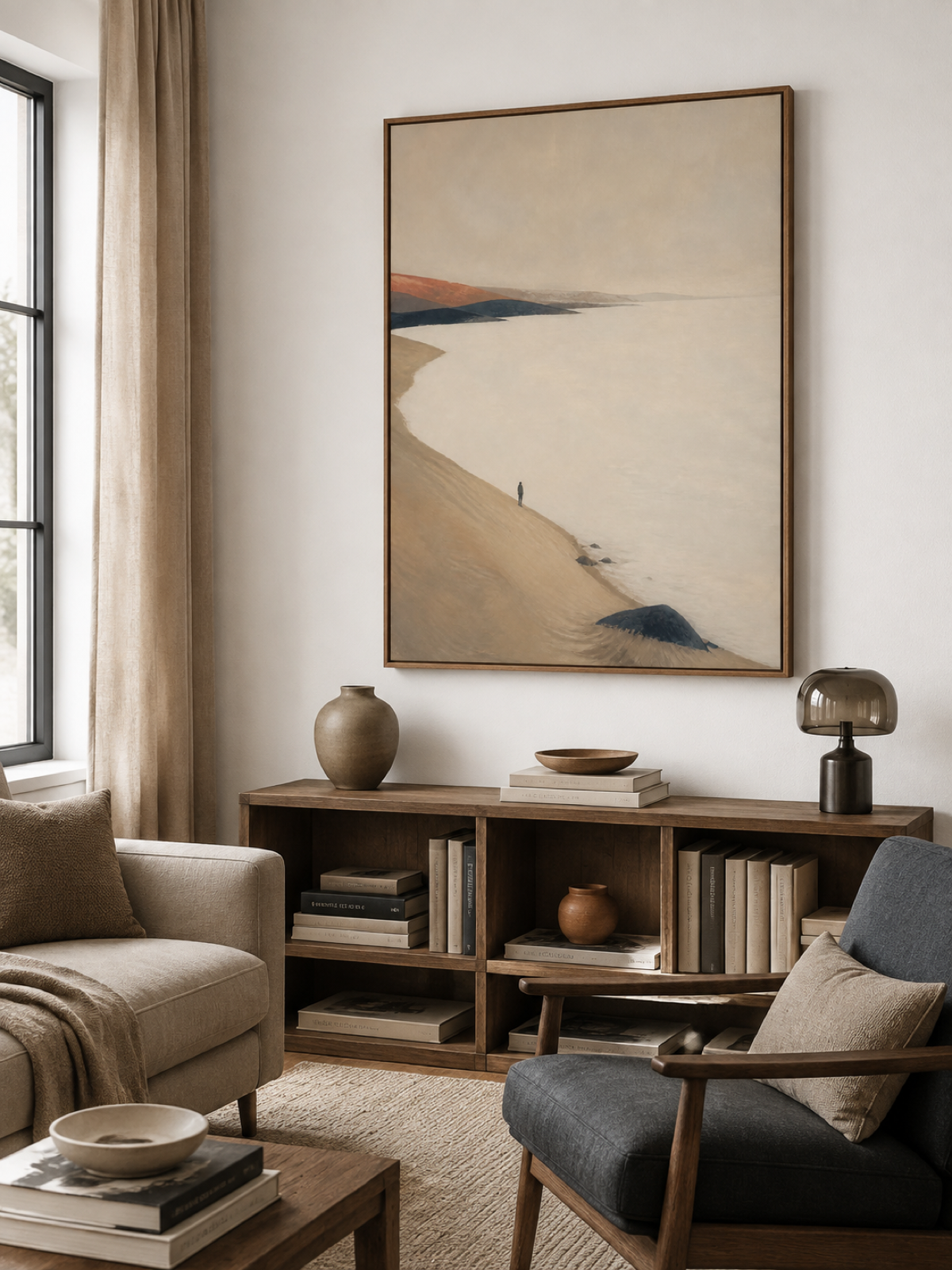 Lone Traveler On Coastal Dunes Hand-Painted Canvas Art In Beige And Grey