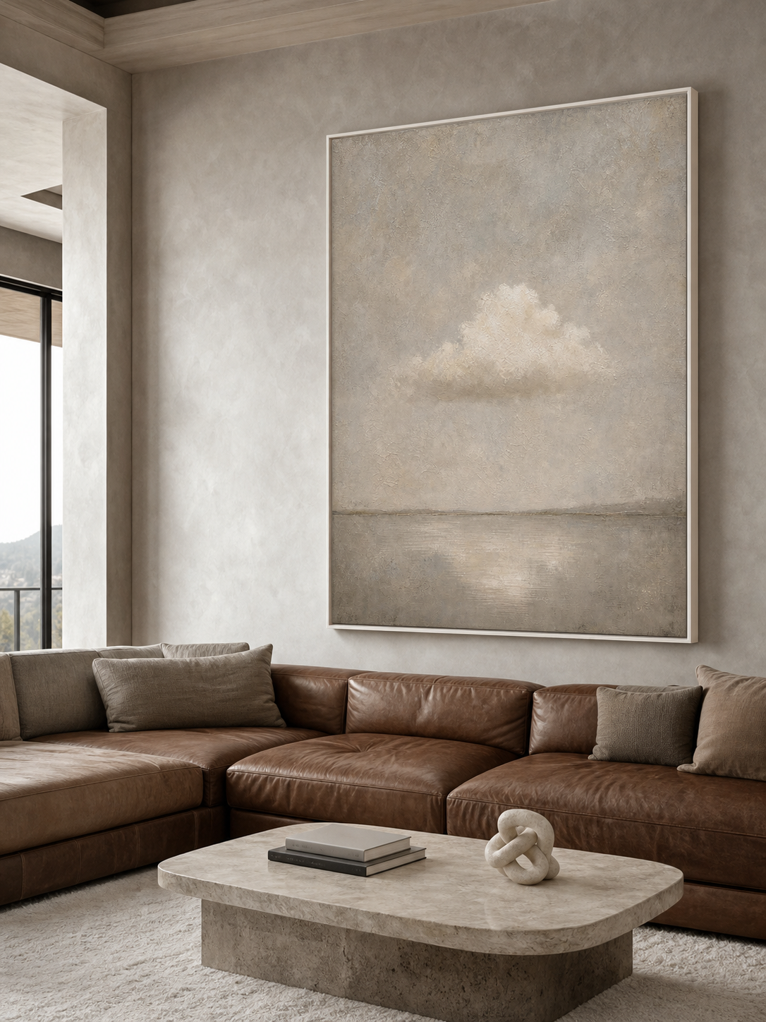 Original Vertical Beige Cloud Landscape Painting Framed Canvas Art