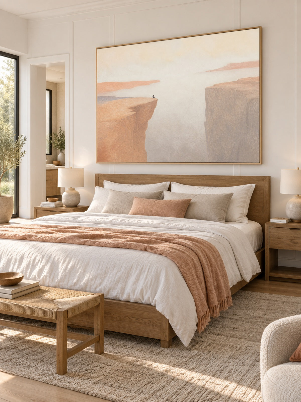 Solitary Figure On Peach Cliff Hand-Painted Canvas Wall Art In Neutral Tones