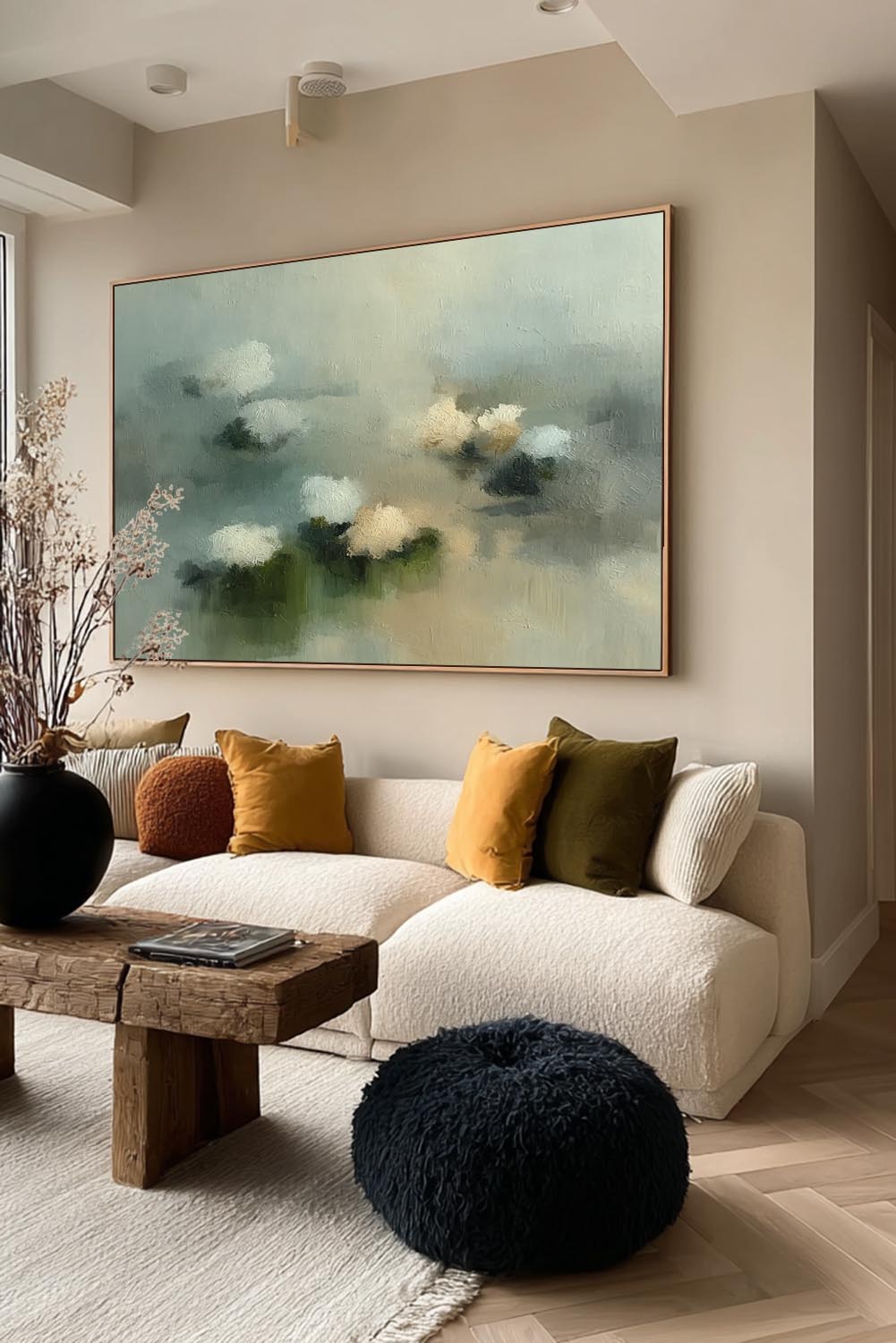 Large Horizontal Abstract Floral Painting In Soft Green And White For Living Room