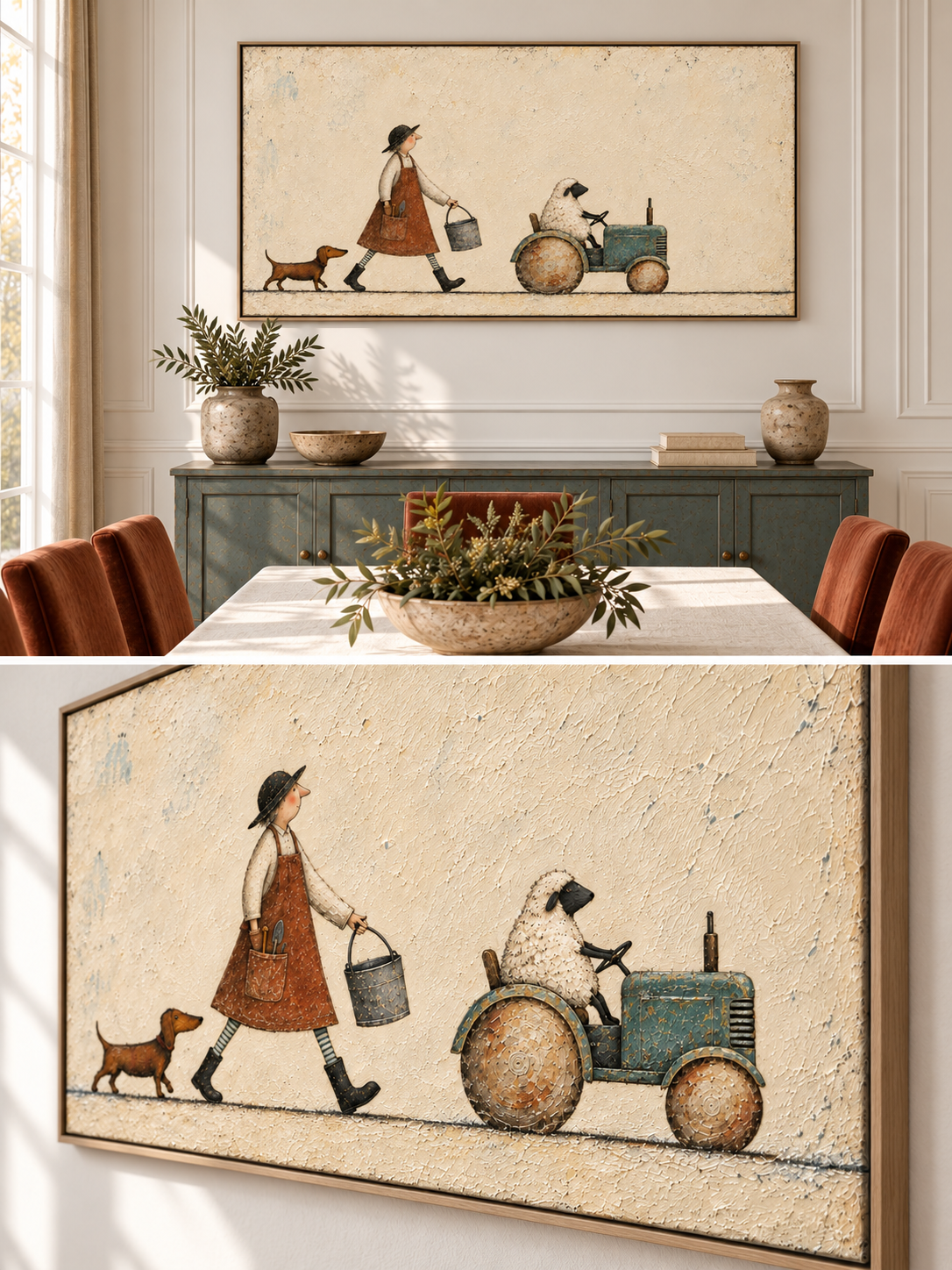 Hand Painted Country Life Wall Art Playful Minimalist Farm Animal Artwork Canvas