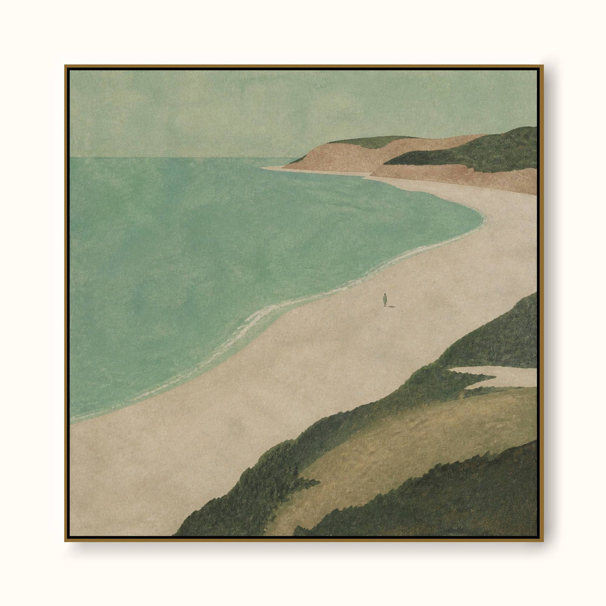 Vintage Minimalist Beach Scene Original Canvas Art With Solitary Figure And Curved Shore