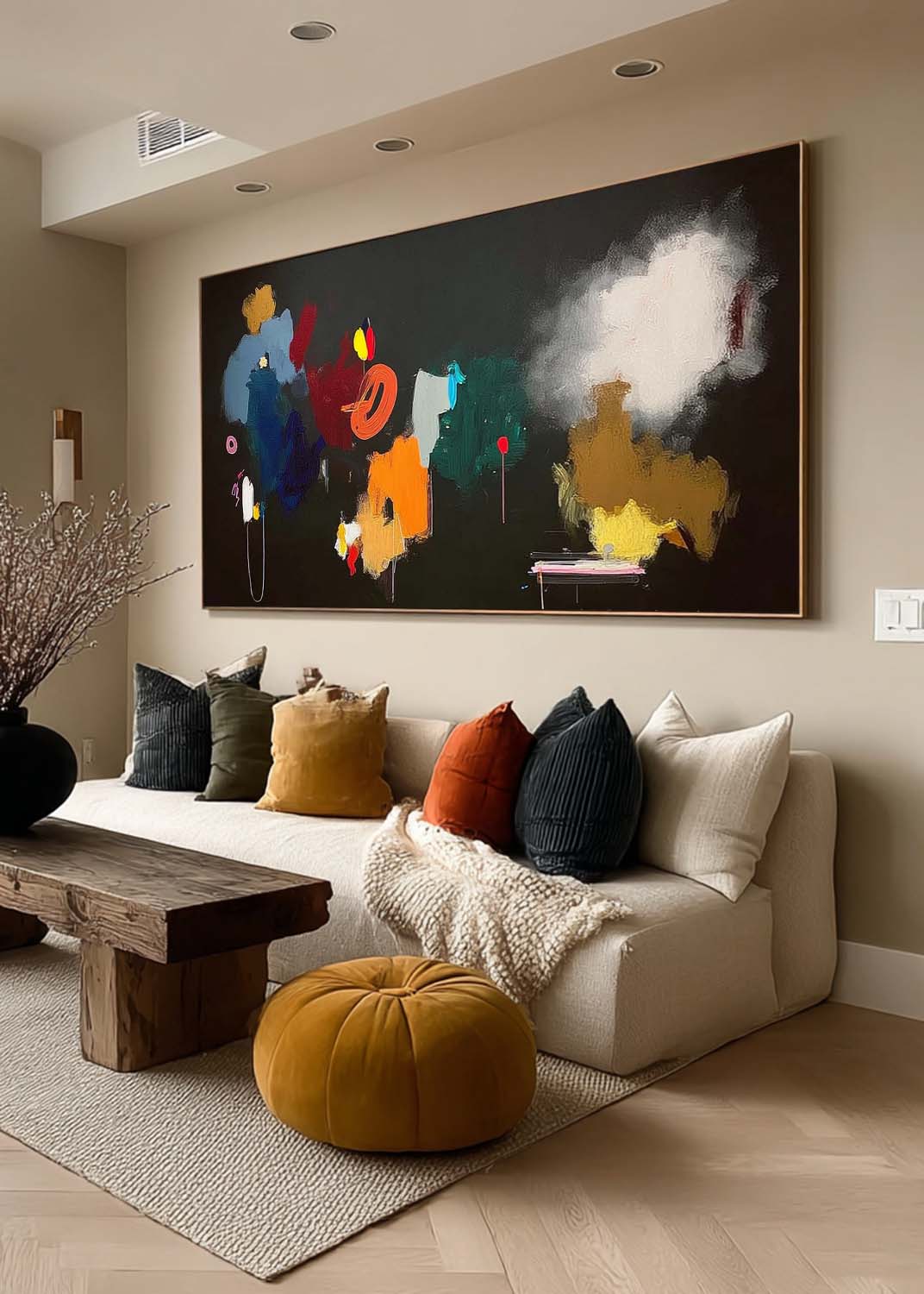 Large Horizontal Abstract Oil Painting With Vibrant Colors For Modern Living Room
