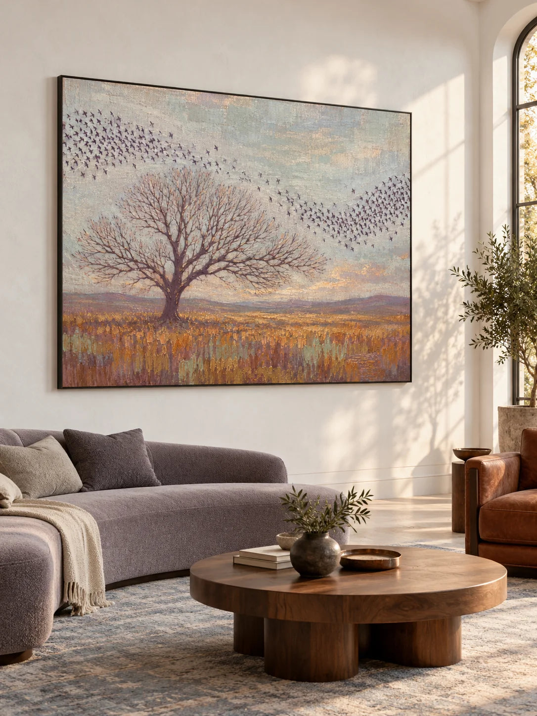 Minimalist Lone Tree Painting Large Muted Gold And Blue Nature Landscape Artwork
