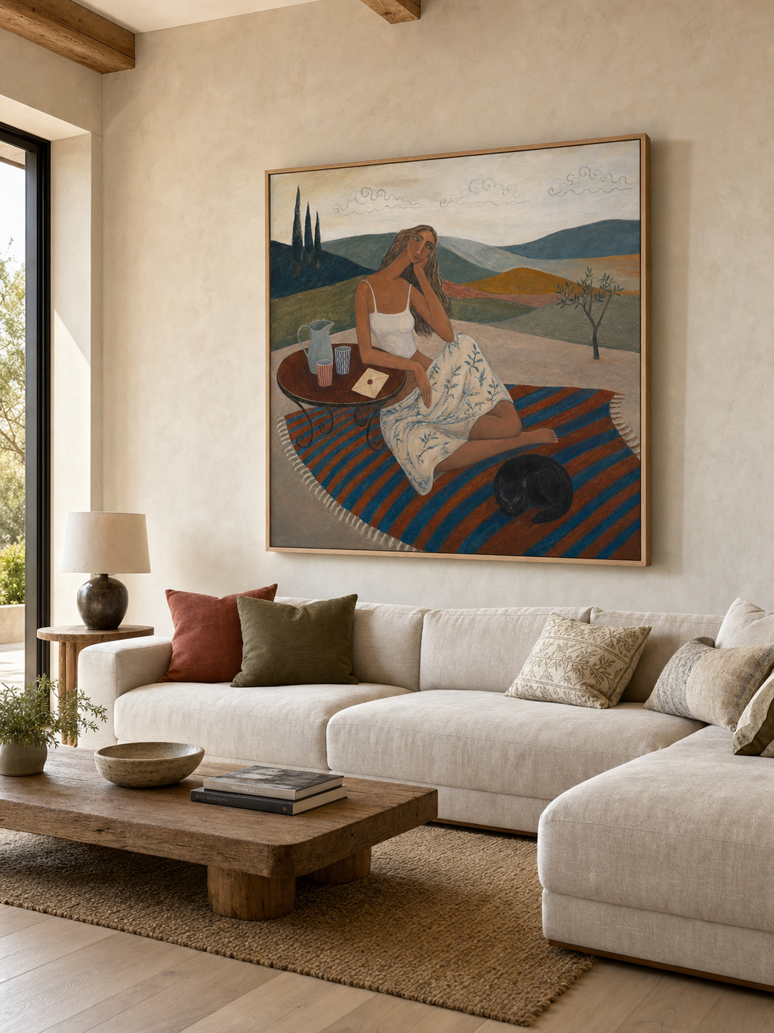 Mediterranean Vintage Oil Painting Of Woman In Countryside With Cat And Blue Rug