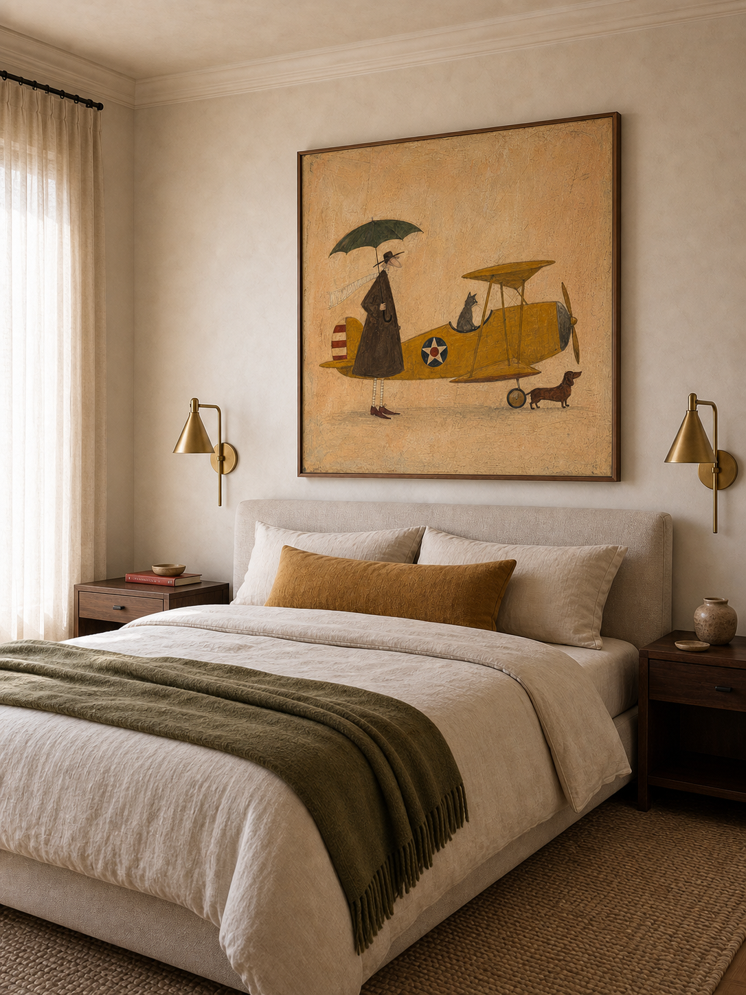 Whimsical Vintage Airplane Painting With Cat And Dog For Eclectic Home Decor