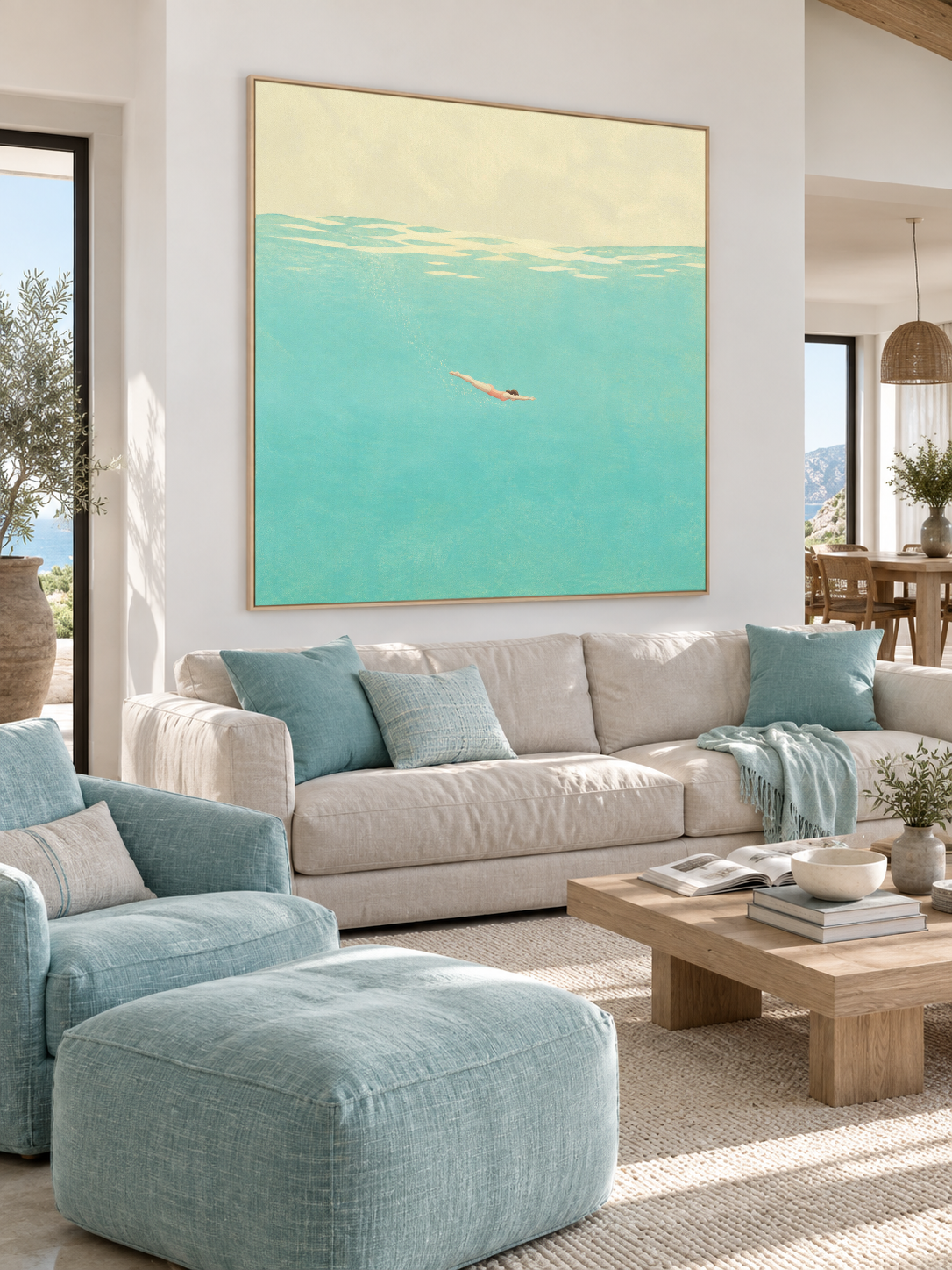 Underwater Swimmer Canvas Painting Hand-Painted Blue Sea Wall Art