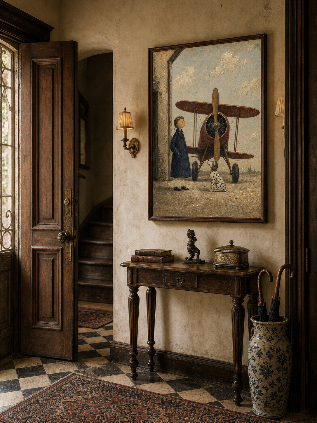 Vintage Pilot And Dalmatian Dog Wall Art With Classic Biplane For Study