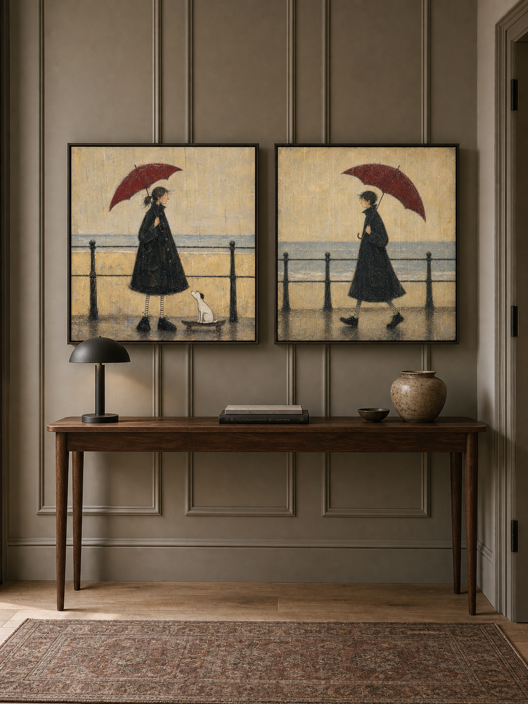 Vintage Seaside Couple Diptych With Red Umbrellas Hand Painted Oil Painting For Bedroom
