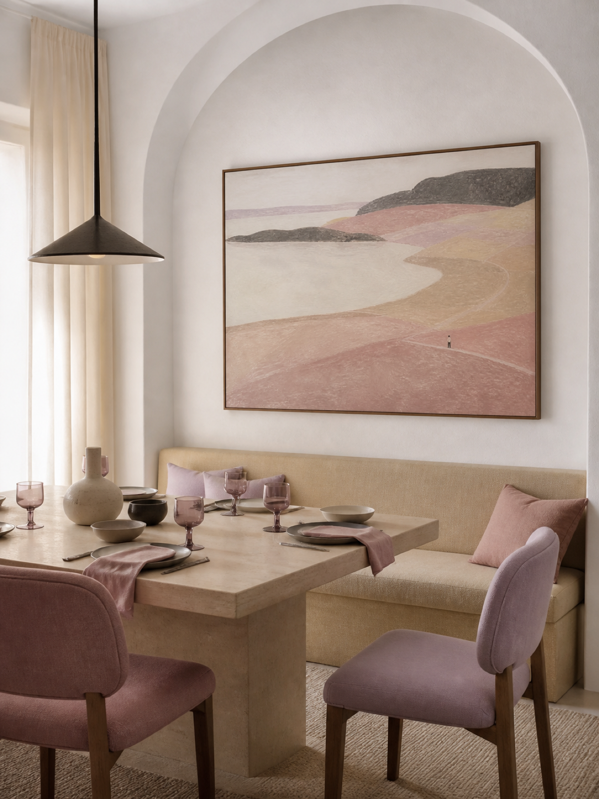 Contemporary Pink And Beige Abstract Bay With A Winding Path Wall Decor