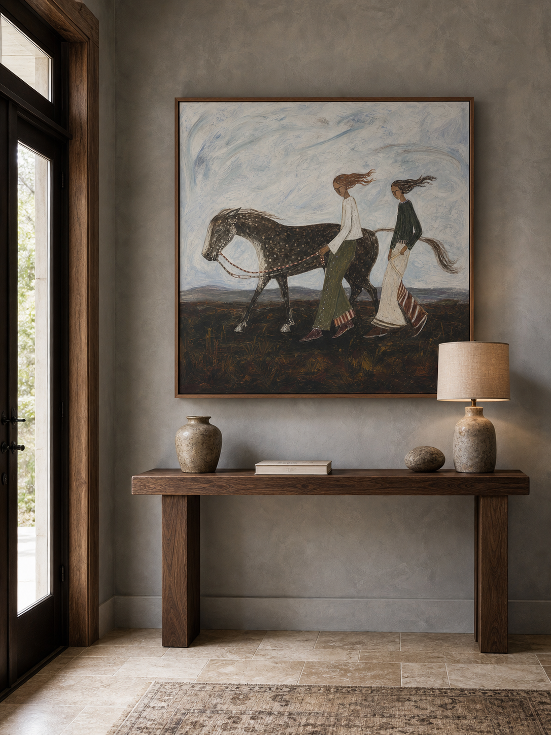 Hand Painted Folk Art Horse Painting With People In Earthy Tones For Living Room Decor