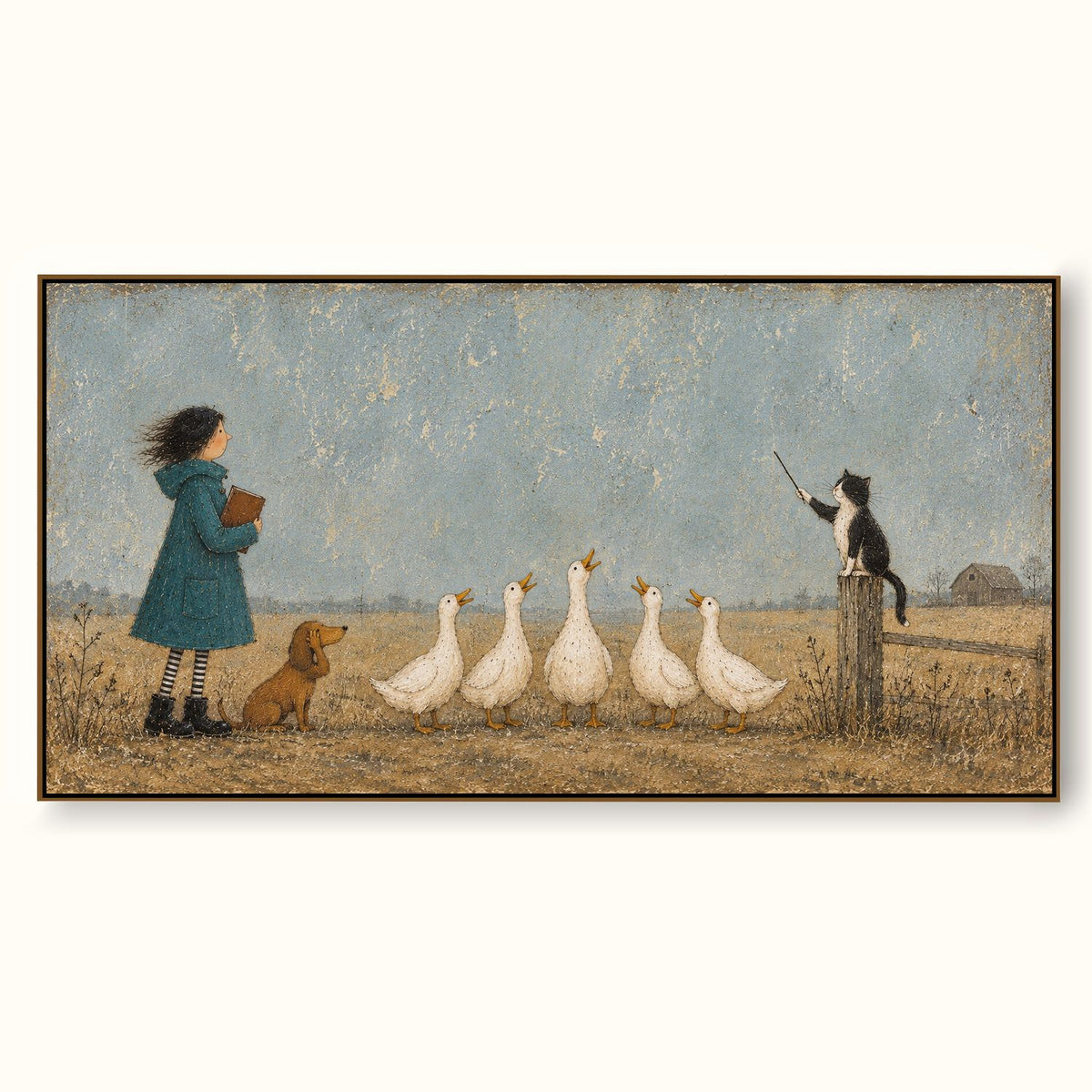 Whimsical Cat And Duck Farm Animal Canvas Painting Hand Painted Wall Art