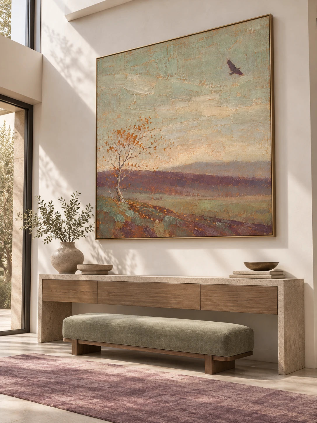 Minimalist Countryside Landscape Canvas Art With Lone Autumn Tree And Bird