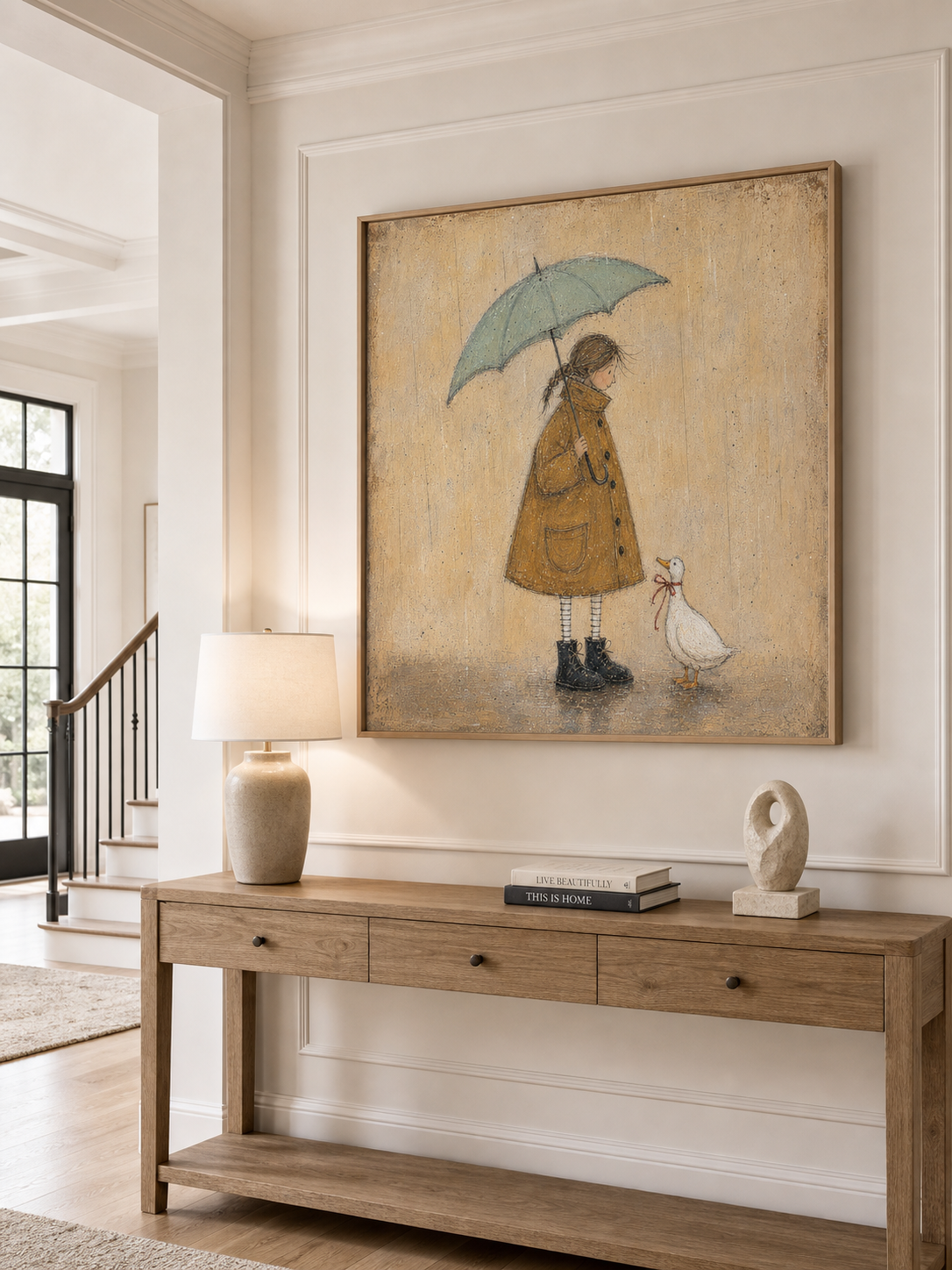 Original Handmade Painting Girl And Cute Duck In Rain Minimalist Wall Art