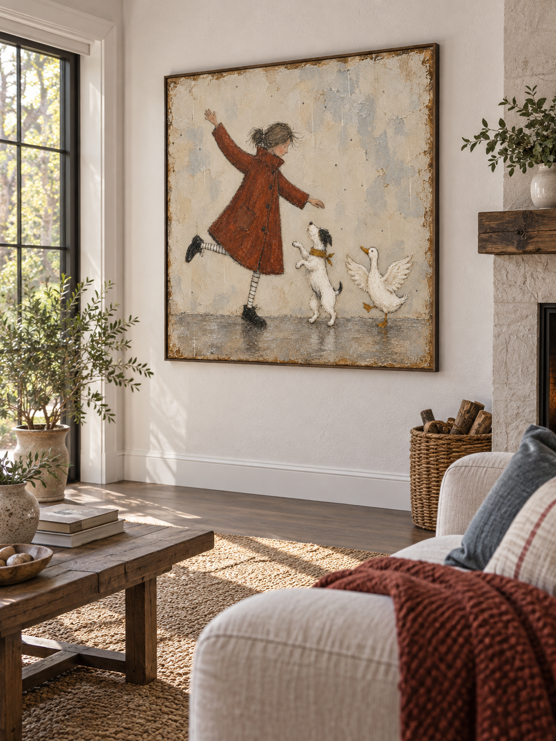 Hand-Painted Dancing Girl Canvas Art With Dog And Duck For Kids Room Decor