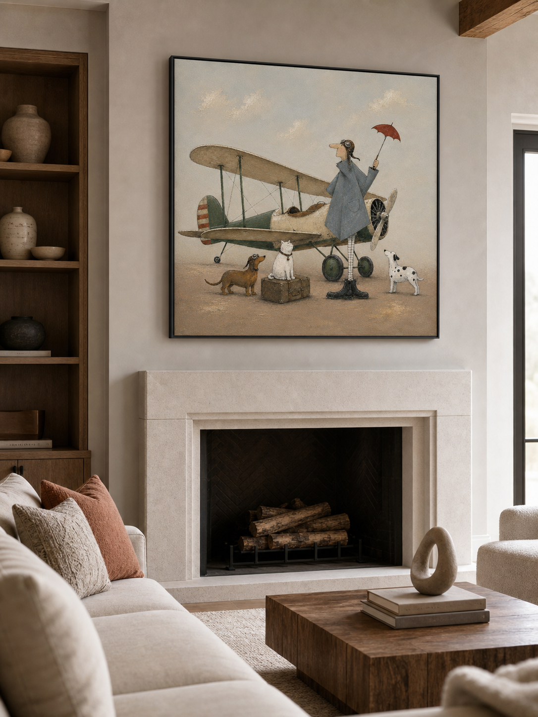 Minimalist Vintage Airplane Canvas Painting Handmade Retro Pilot With Dogs Art