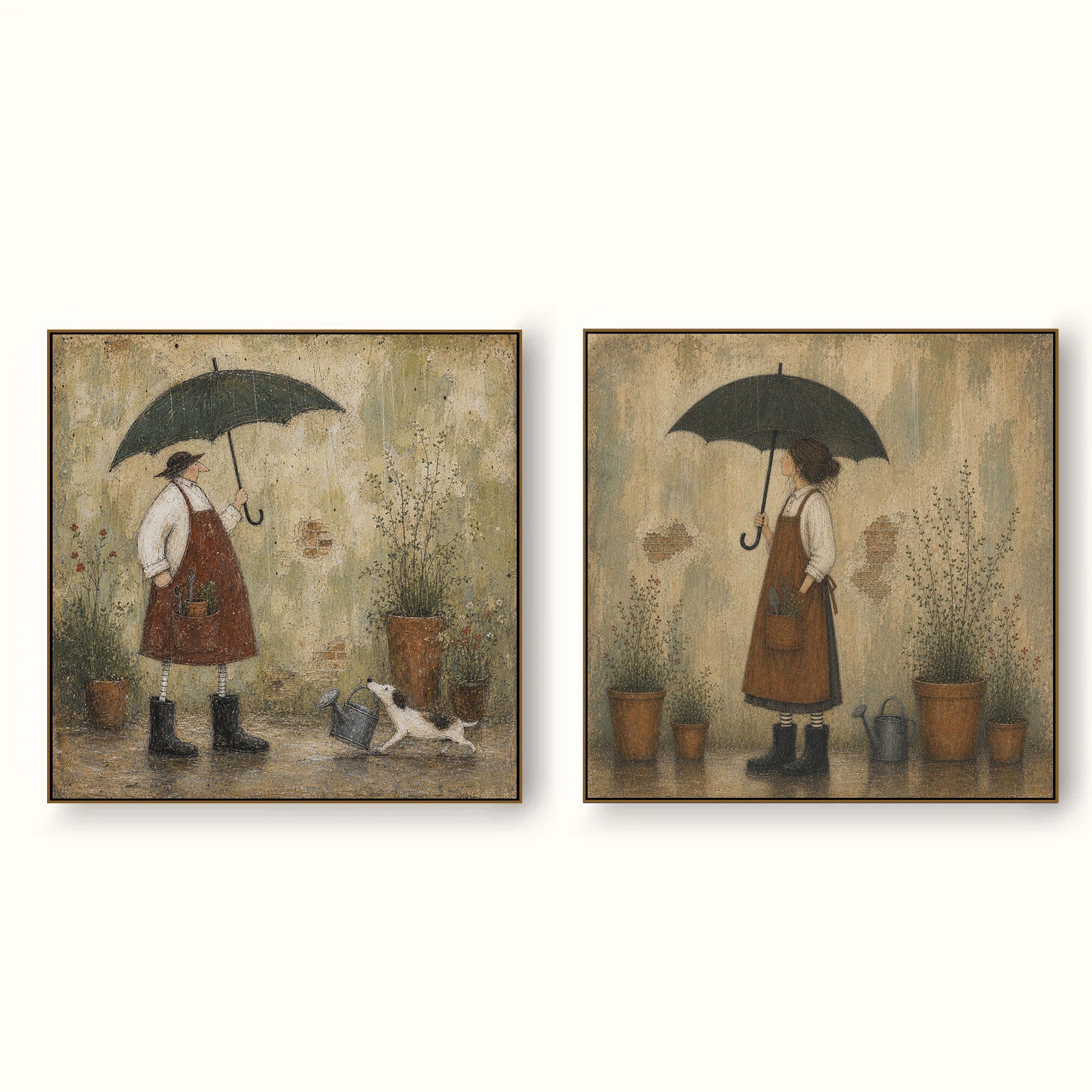 English Garden Diptych Wall Art Square Framed Oil Painting Set For Rustic Living Room Design