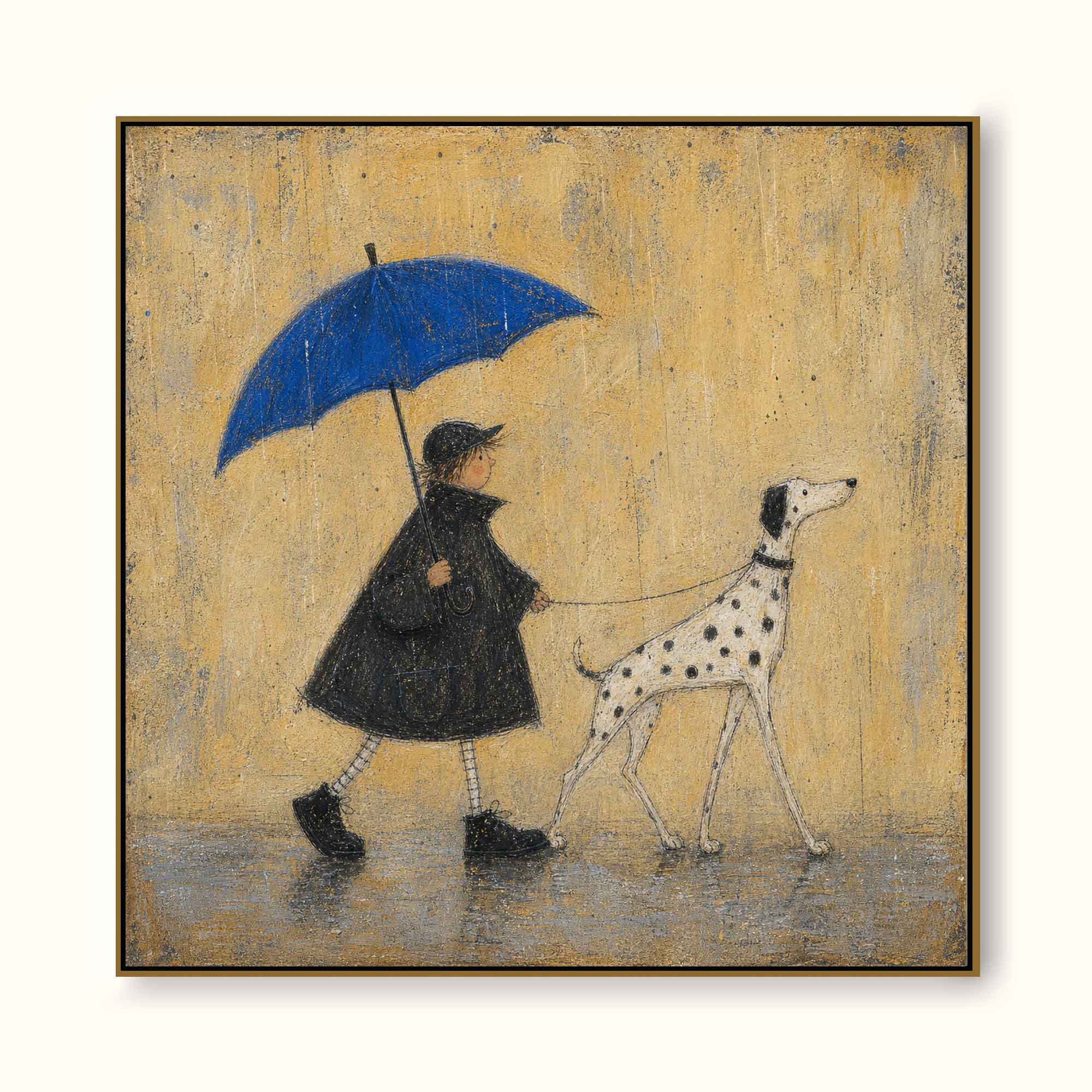 Original Handmade Painting Boy And Dalmatian Dog In Rain Minimalist Wall Art