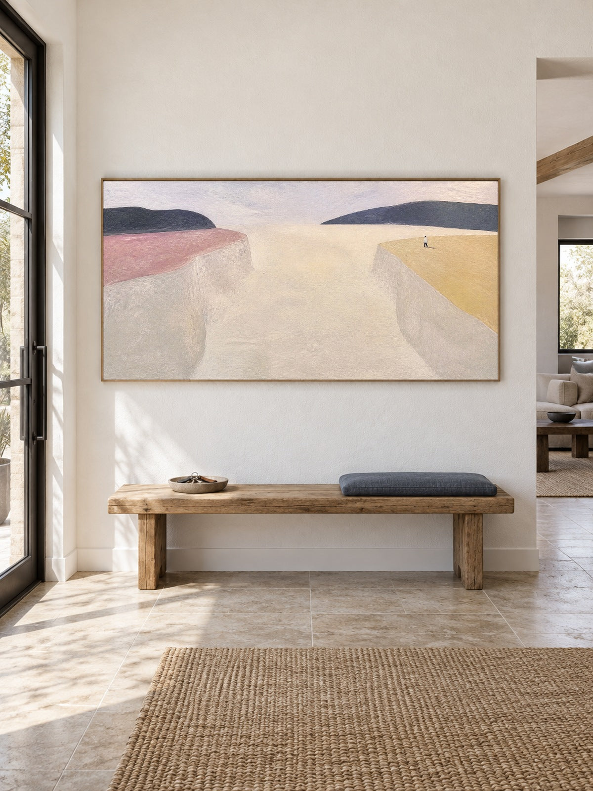 Minimalist Beige Canyon Canvas Art With Lone Figure For Living Room Decor