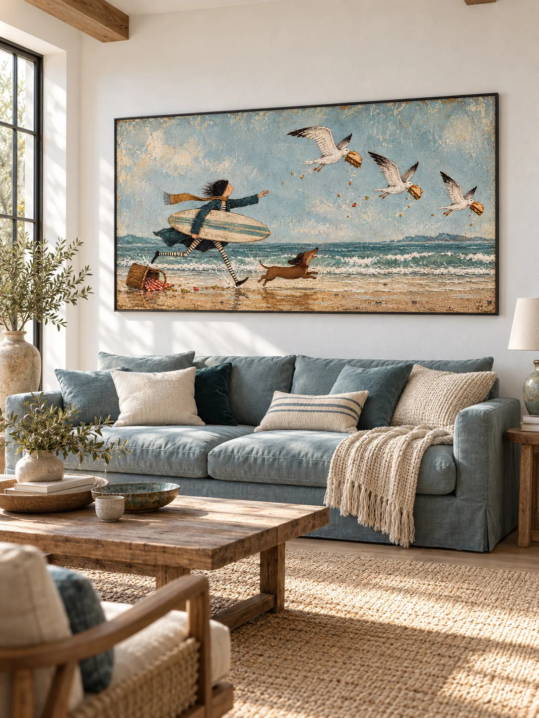 Whimsical Girl And Dachshund Beach Painting With Seagulls Hand-Painted Canvas Art