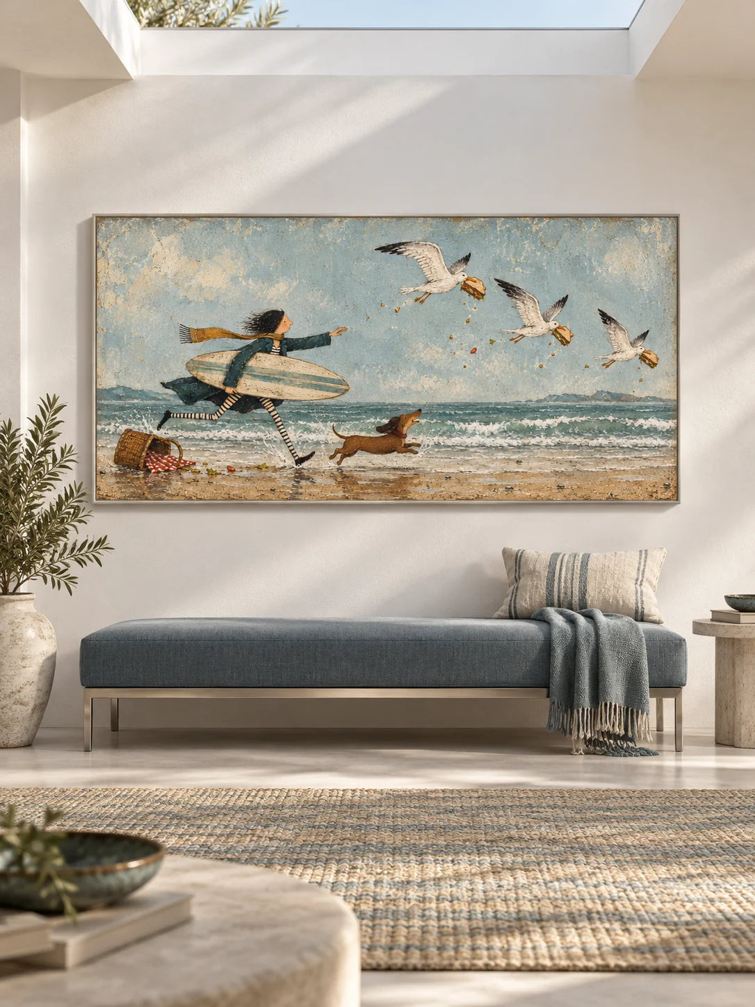 Whimsical Girl And Dachshund Beach Painting With Seagulls Hand-Painted Canvas Art