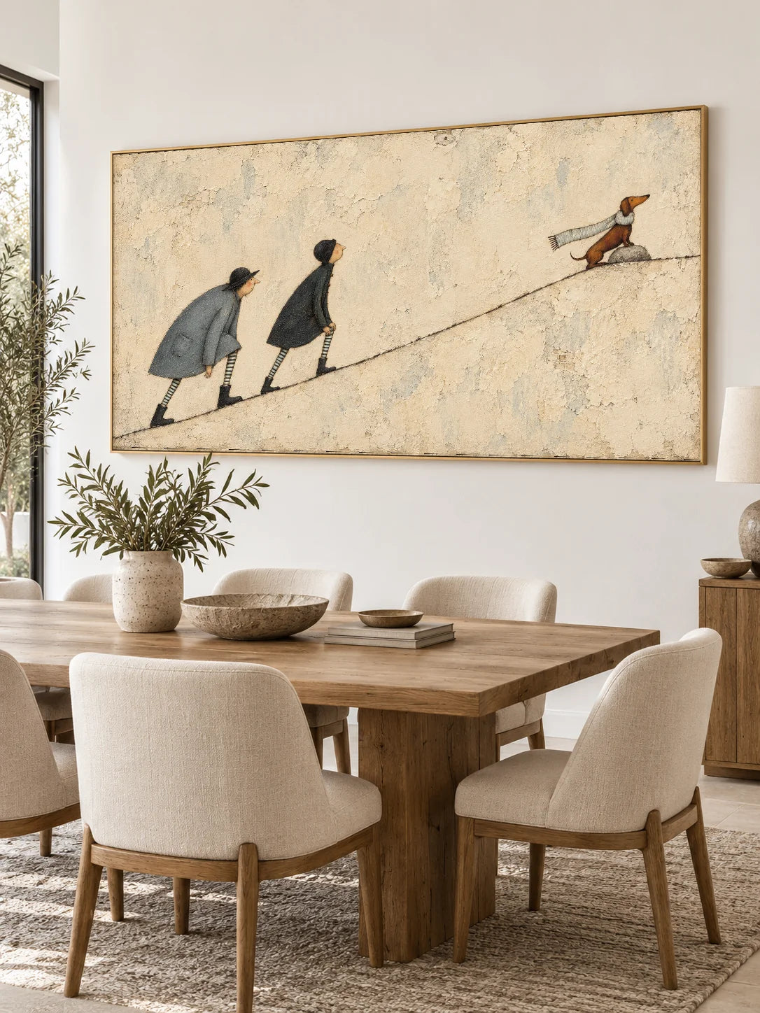 Hand Painted Dachshund Adventure Wall Art Minimalist Storybook Canvas Artwork