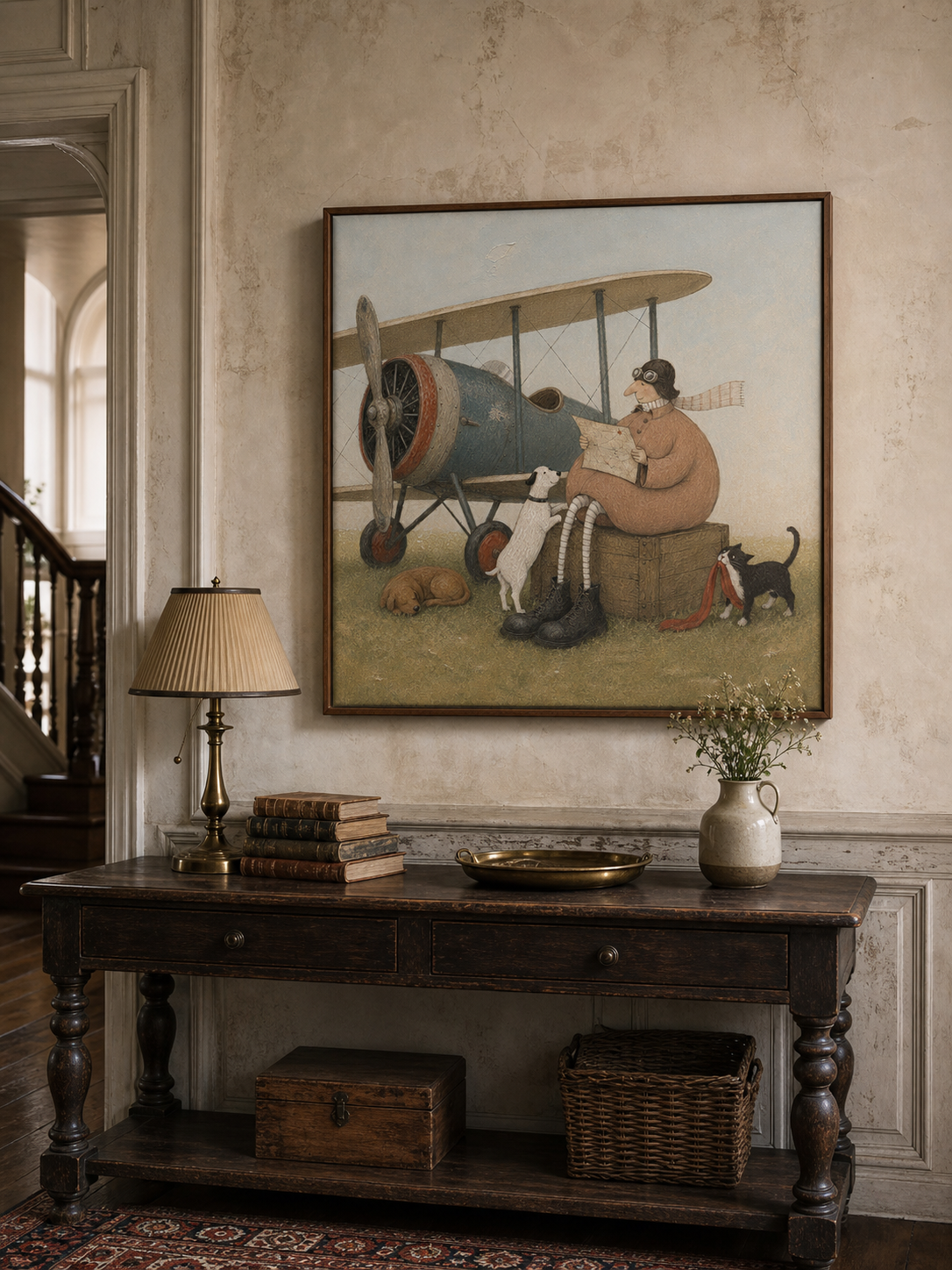 Blue Biplane Whimsical Pilot Original Surrealist Painting Vintage Airplane Art