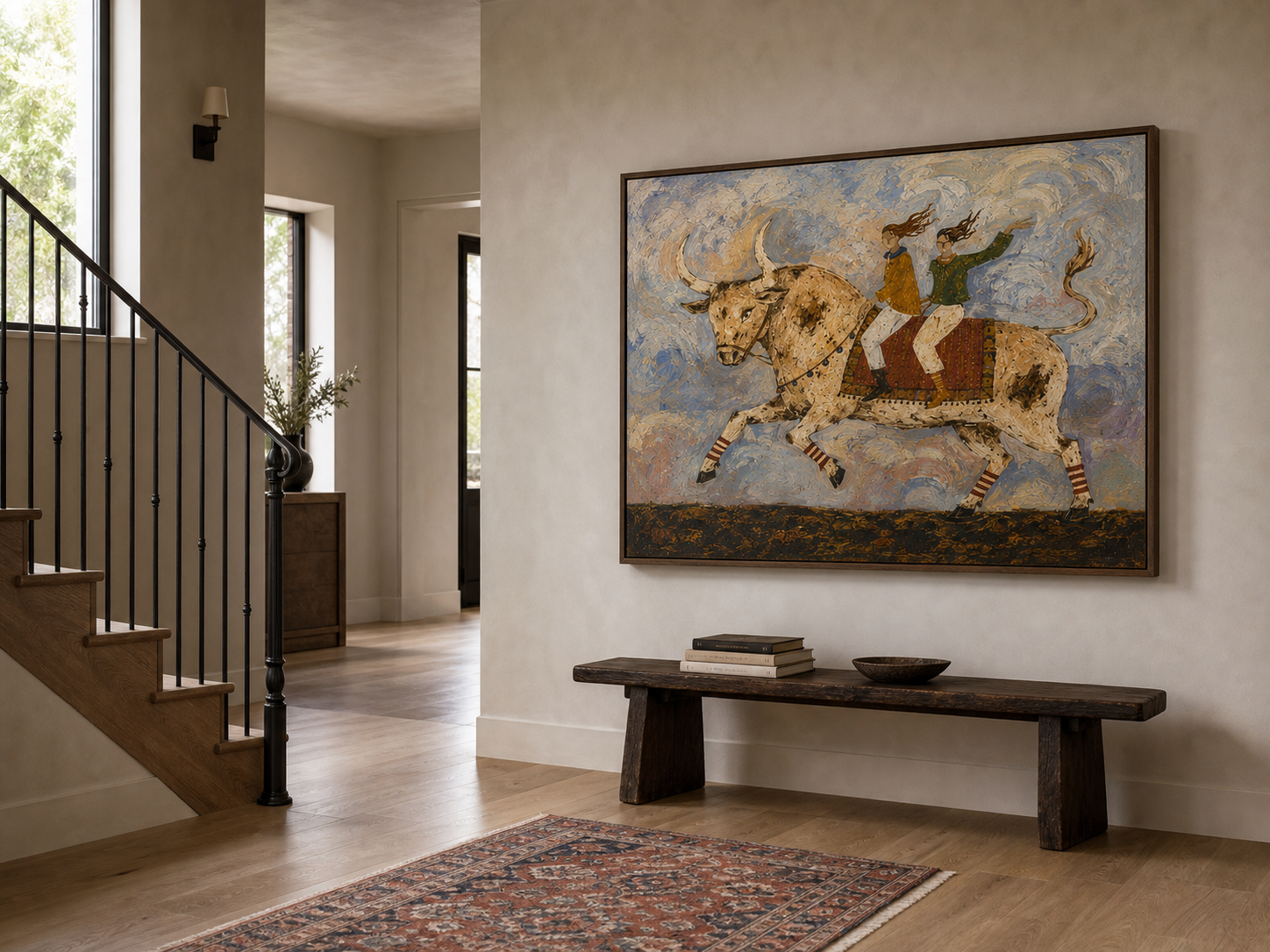 Vintage Bohemian Bull Rider Art With Expressive Brushwork For Living Room Decor