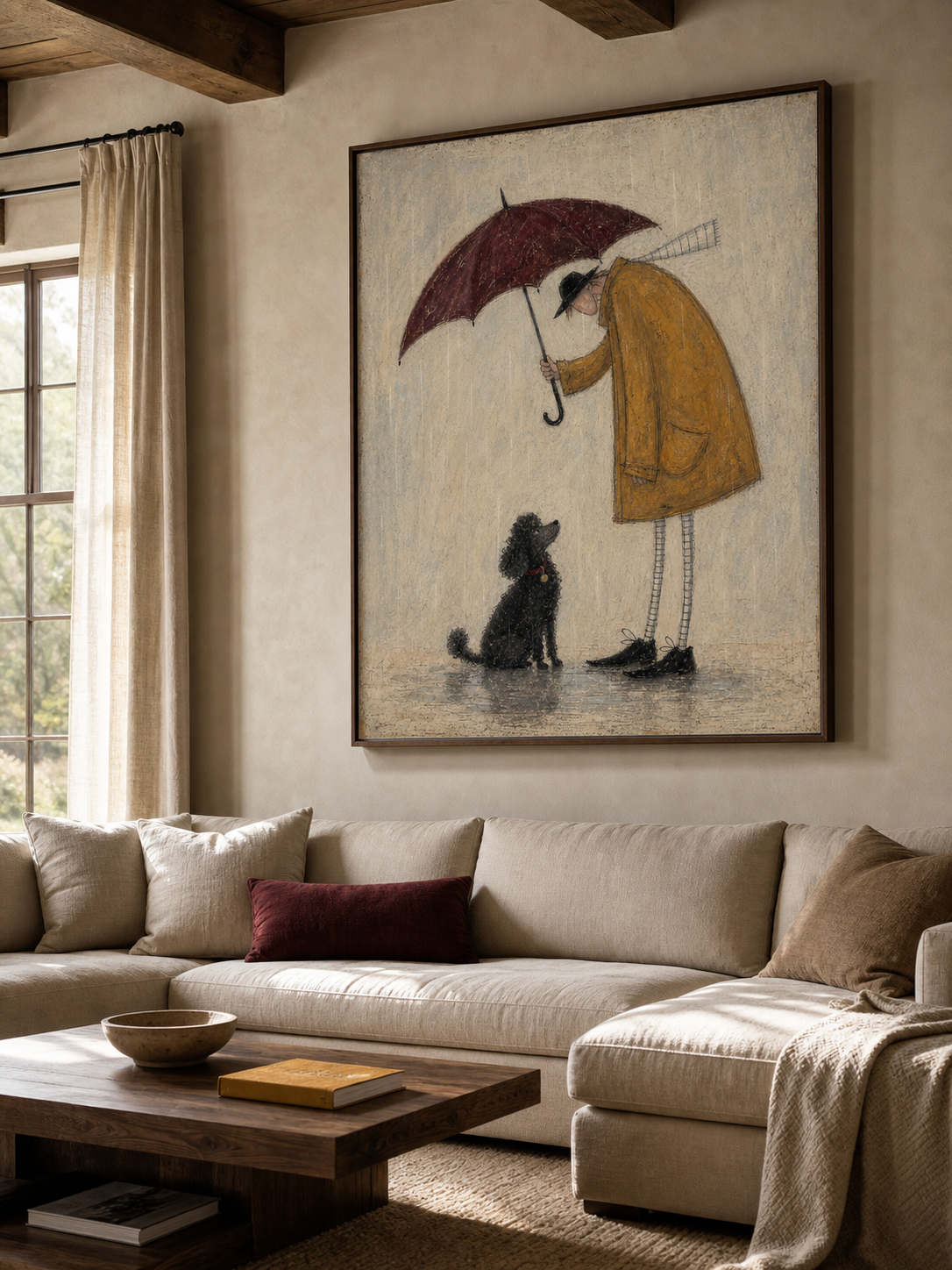 Original Hand-Painted Man And Black Poodle Wall Art, Rainy Day Companion Painting
