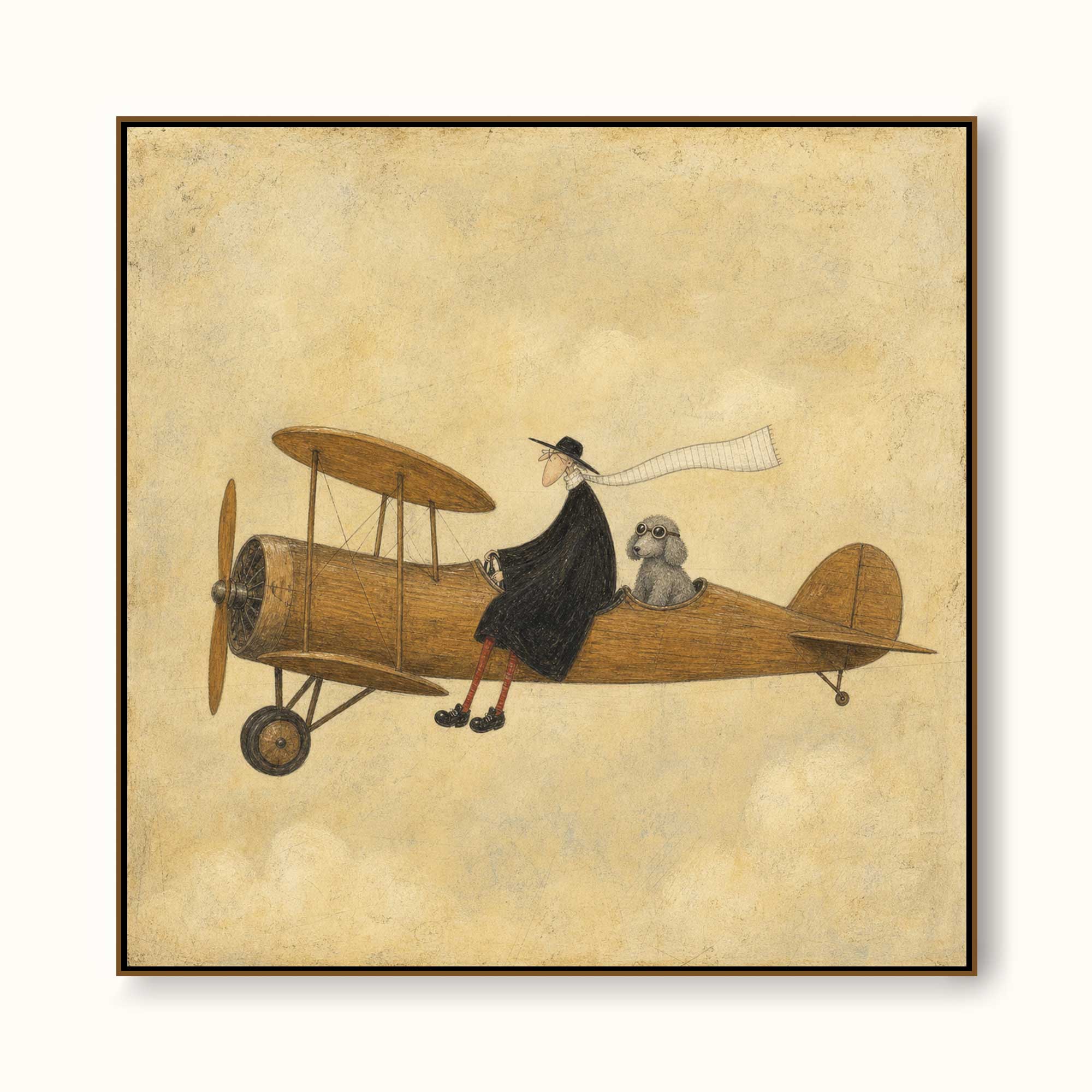 Whimsical Pilot And Dog Aviation Painting Vintage Style Art For Home Decor
