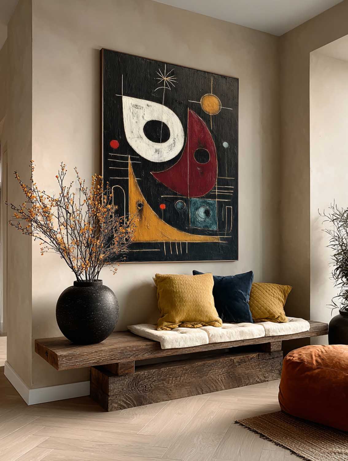 Square Abstract Geometric Painting In Black And Red For Modern Living Room