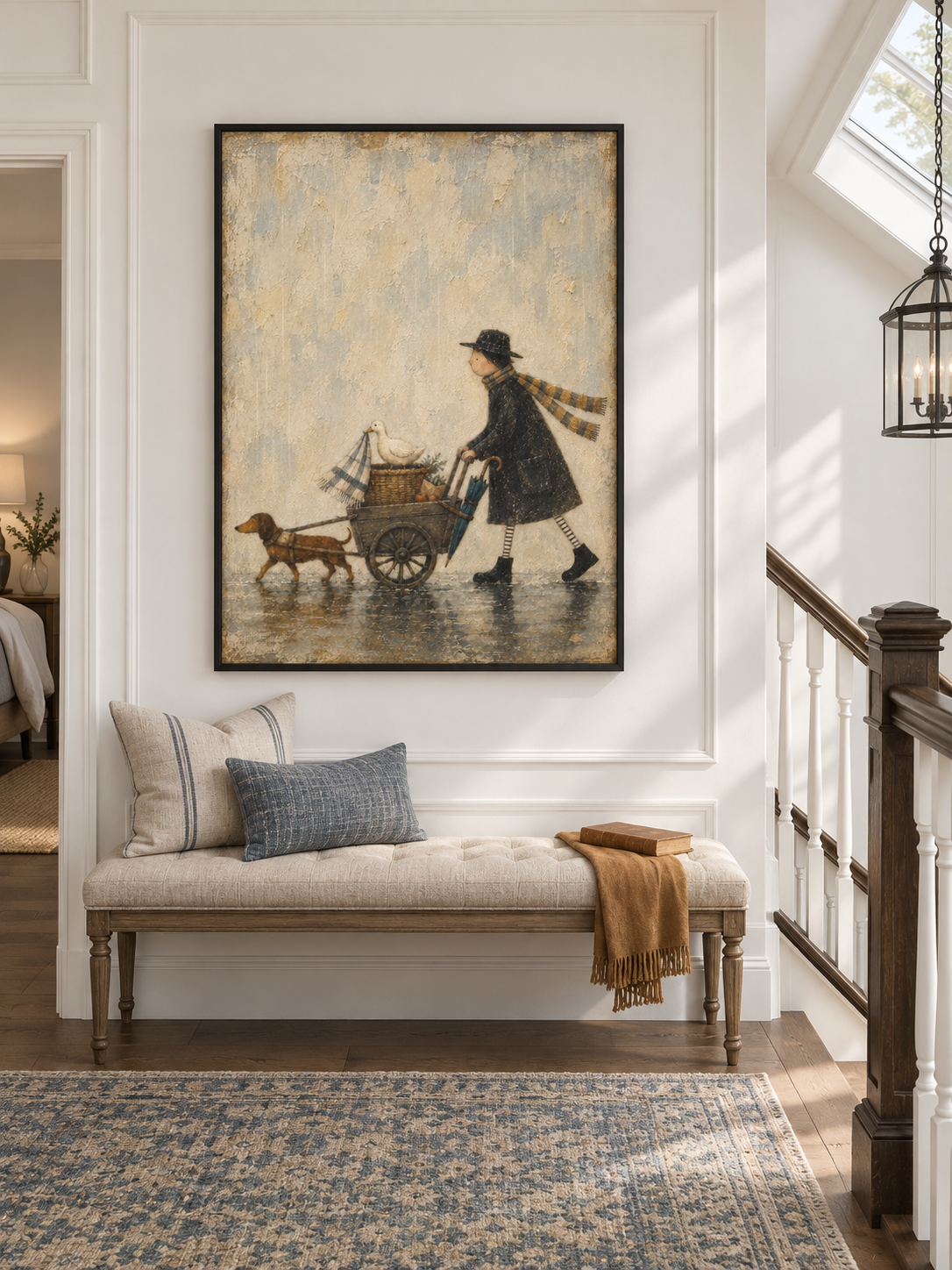 Whimsical Rainy Day Cart With A Man Dog And Duck Hand Painted Wall Art