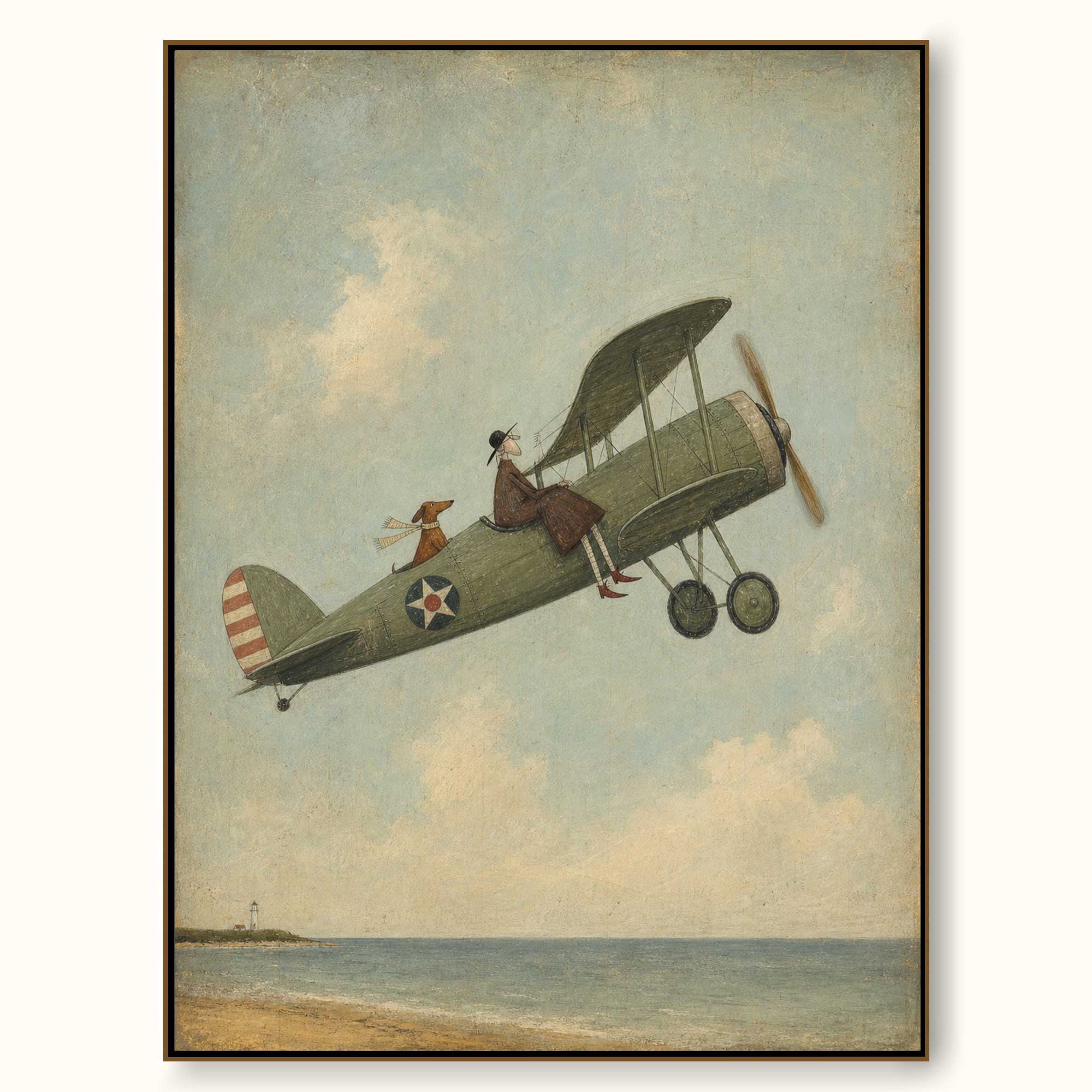 Vintage Airplane Painting Coastal Scene Original Art For Home Decor