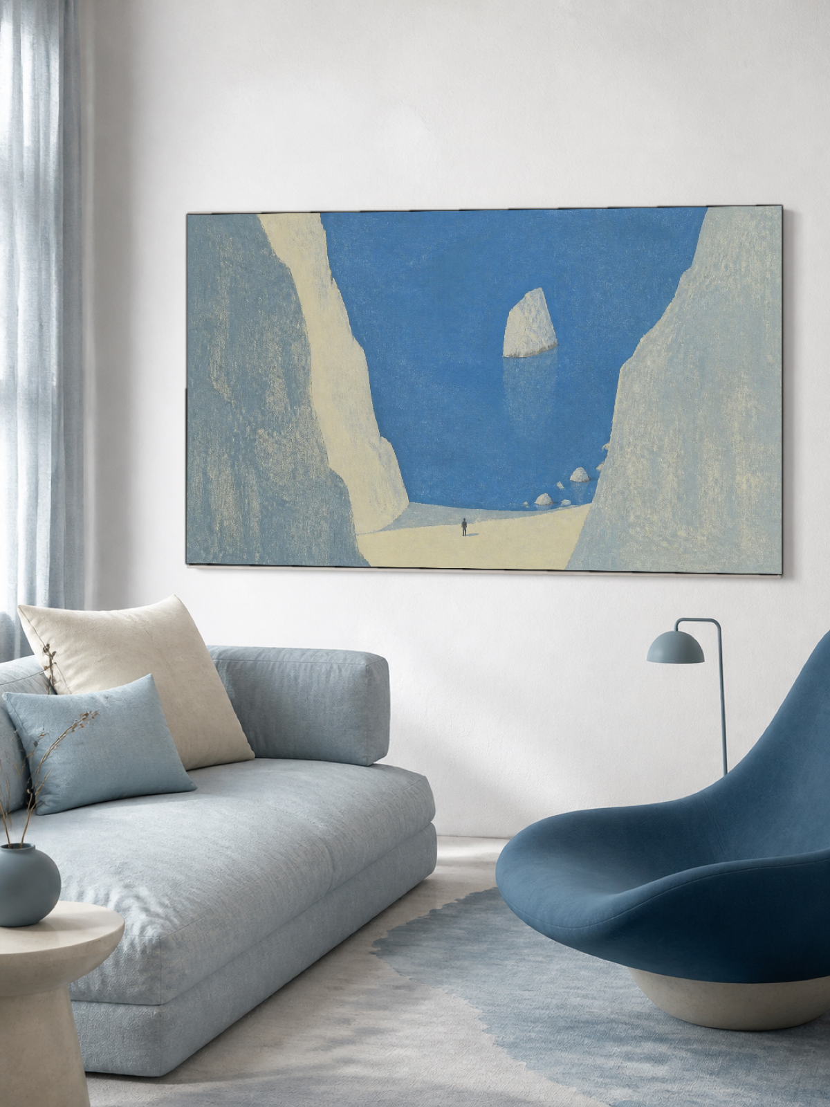 Cobalt Blue Sea And White Limestone Cliffs Contemporary Coastal Oil Painting