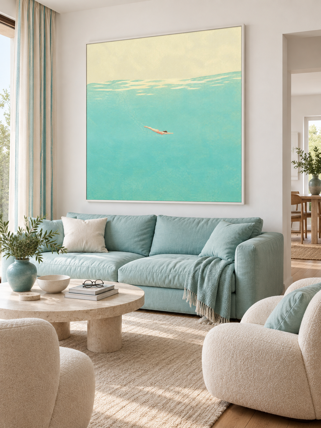 Underwater Swimmer Canvas Painting Hand-Painted Blue Sea Wall Art