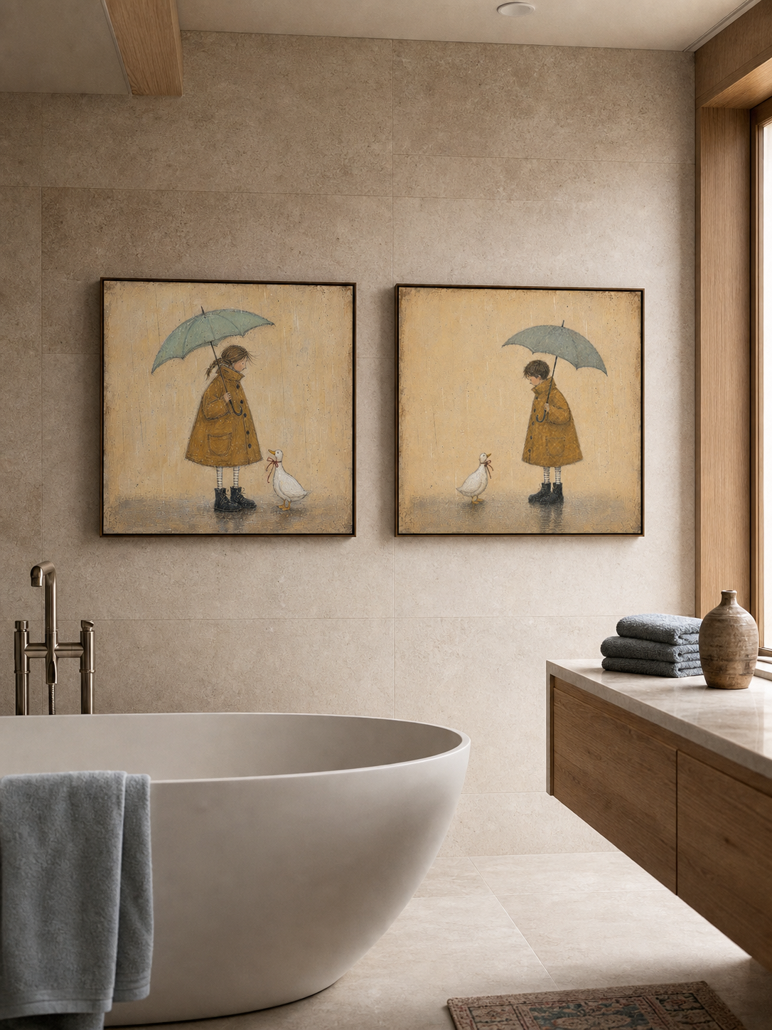 Hand Painted Umbrella Girl And Duck Diptych Whimsical Rainy Day Wall Art
