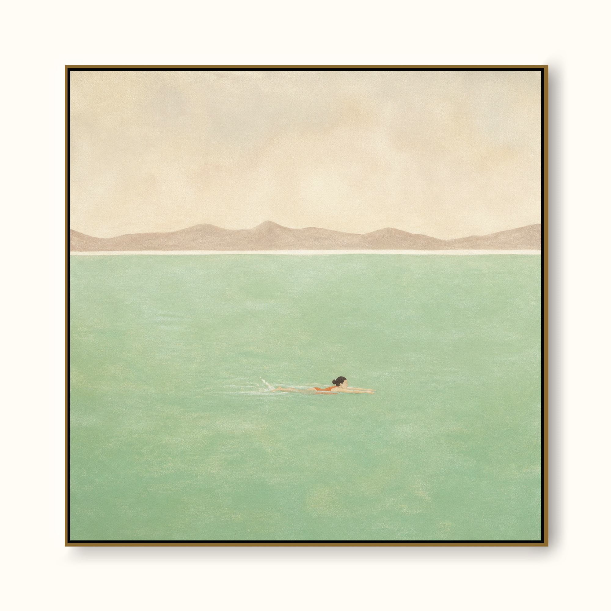 Hand-Painted Pale Green Sea Swimmer Canvas Wall Art With Mountain Horizon