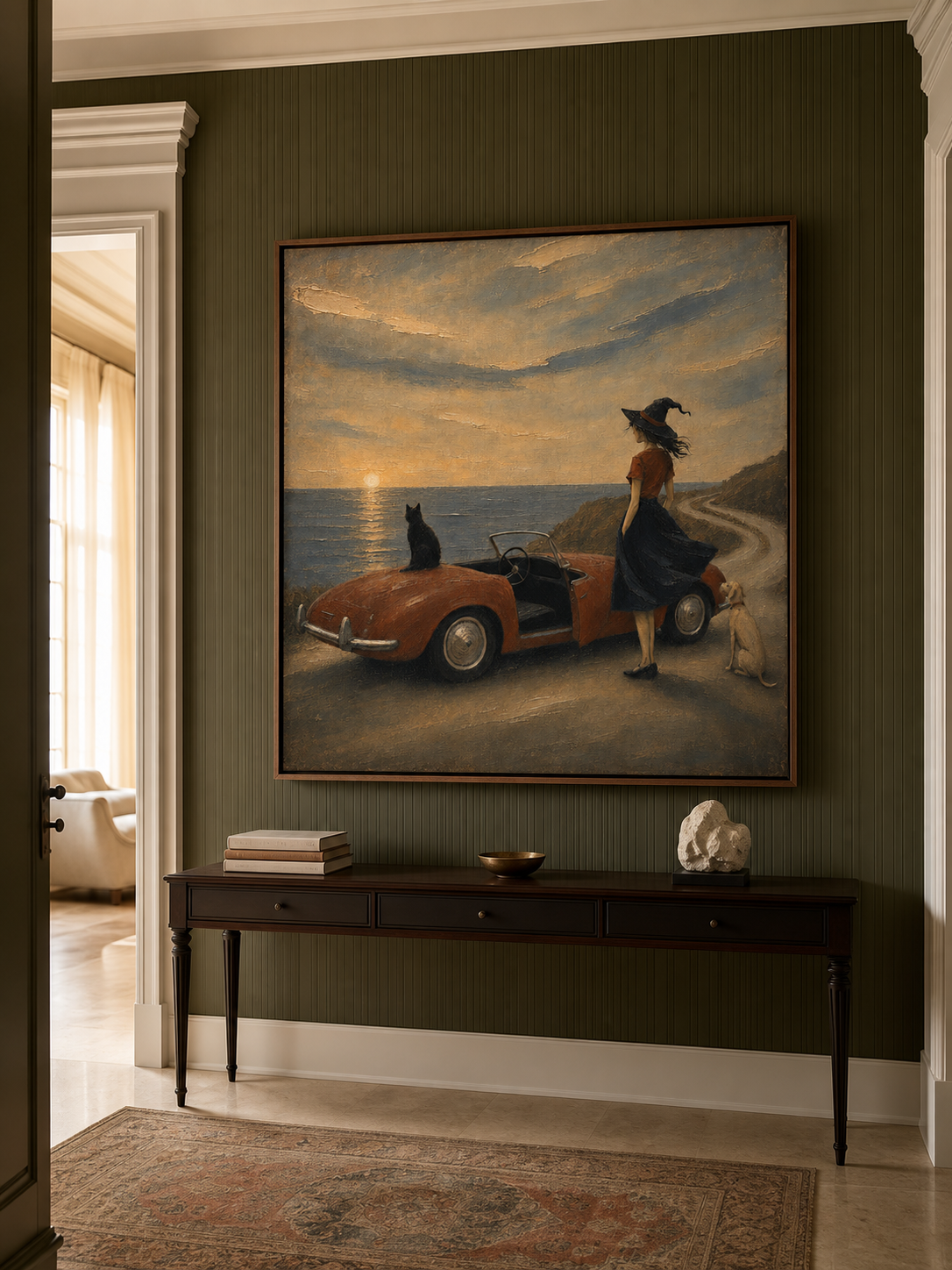 Large Vintage Coastal Wall Art Surrealist Oil Painting Whimsical Witch