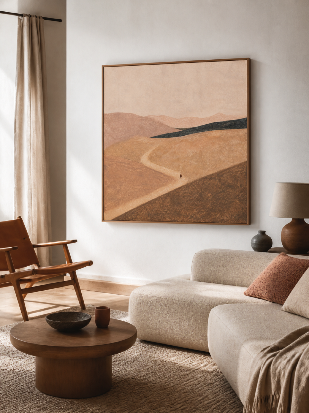 Warm Earth Tone Landscape Oil Painting Minimalist Wall Art For Bedroom