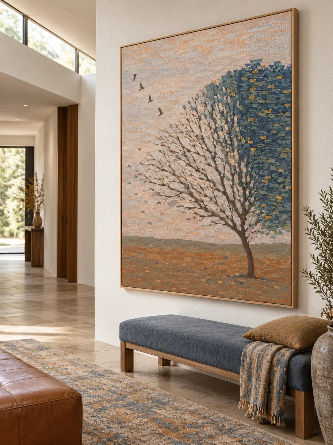 Minimalist Tree Landscape Painting Large Teal And Gold Nature Wall Art Canvas